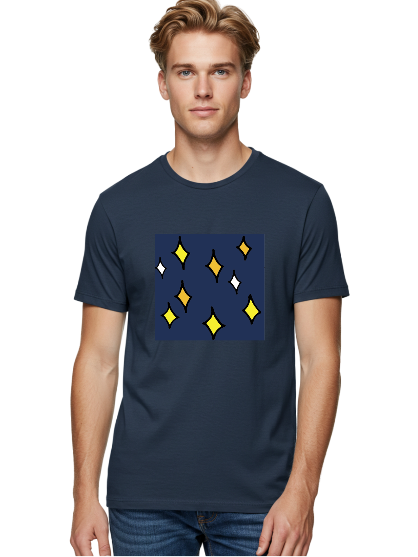 Yellow-Diamonds Men'S Graphic Tee, 100% Cotton, Comfortable Casual Summer Wear, Machine Washable, Diamond Shapes, Yellow And White Diamonds, Dark Blue Background, Abstract Design, Modern Art, Minimalist Style, Geometric Pattern, Aab180