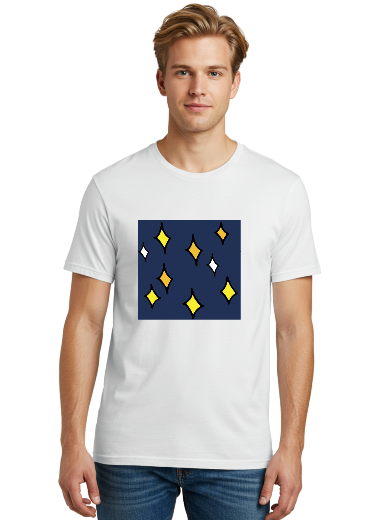 Yellow-Diamonds Men'S Graphic Tee, 100% Cotton, Comfortable Casual Summer Wear, Machine Washable, Diamond Shapes, Yellow And White Diamonds, Dark Blue Background, Abstract Design, Modern Art, Minimalist Style, Geometric Pattern, Aab180