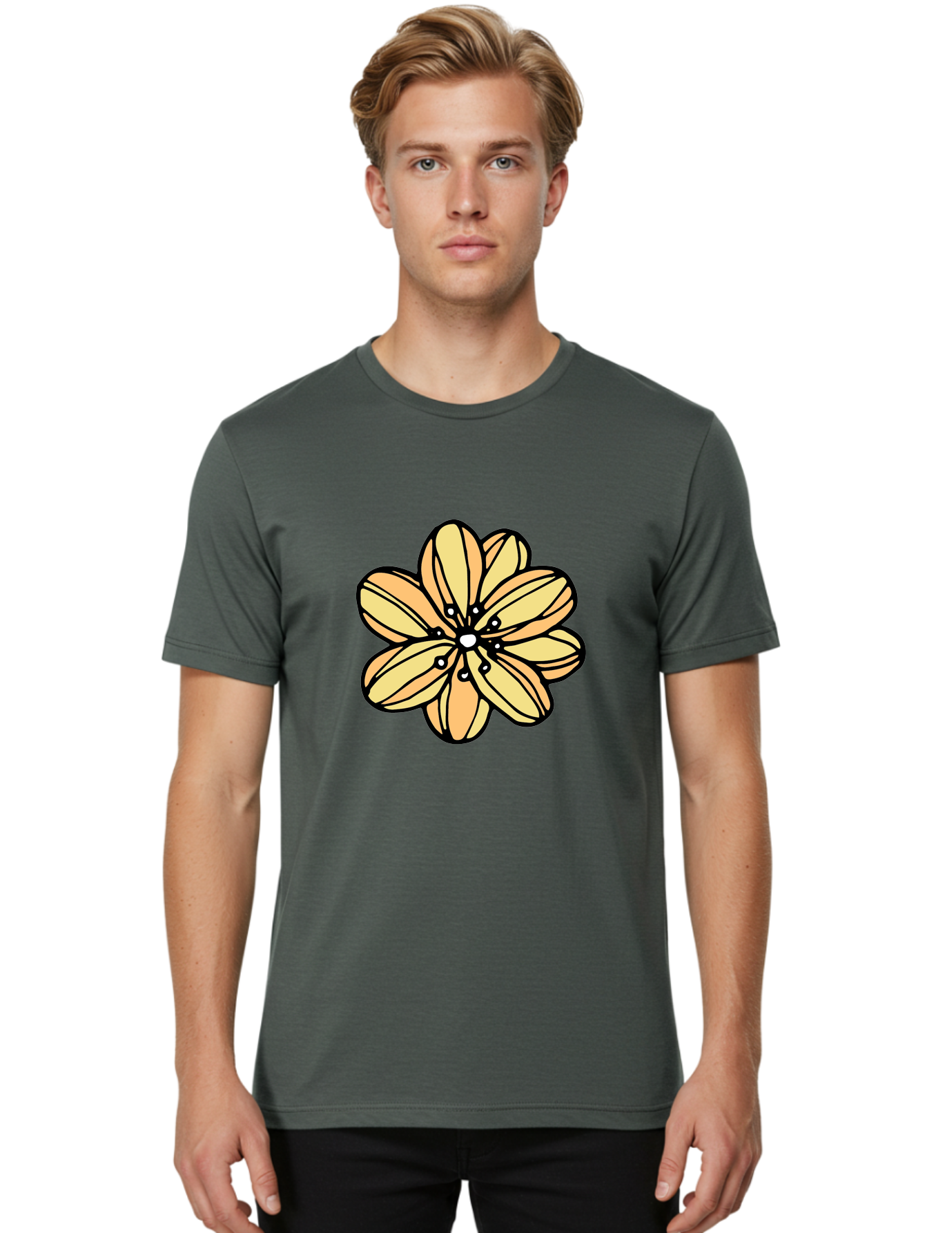 Yellow-Flower Men'S Graphic Tee, 100% Cotton, Comfortable Casual Summer Wear, Machine Washable, Cartoon Flower, Yellow Petals, Simple Design, Black Outline, Floral Illustration, Digital Art, Minimalist Style Aab182