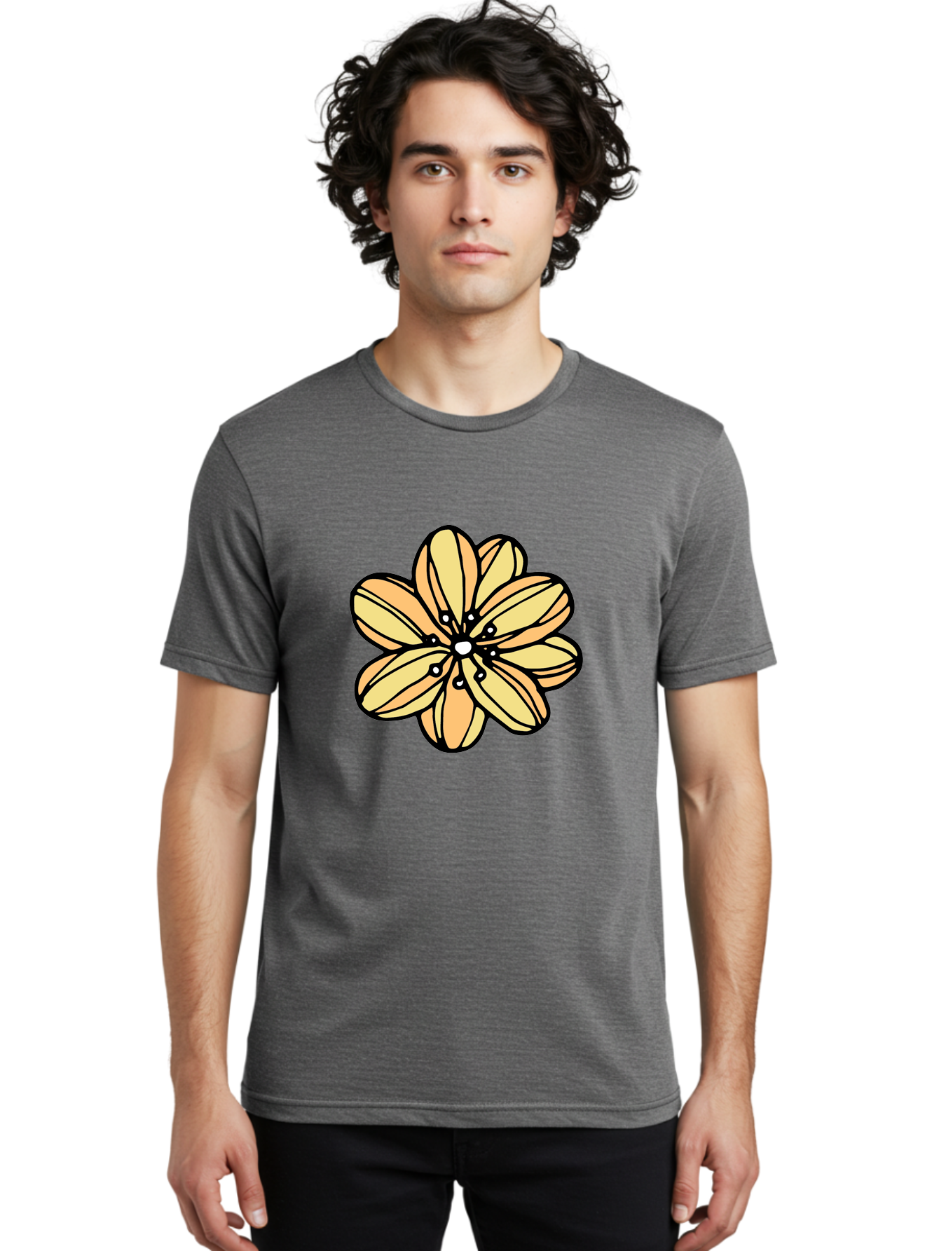 Yellow-Flower Men'S Graphic Tee, 100% Cotton, Comfortable Casual Summer Wear, Machine Washable, Cartoon Flower, Yellow Petals, Simple Design, Black Outline, Floral Illustration, Digital Art, Minimalist Style Aab182