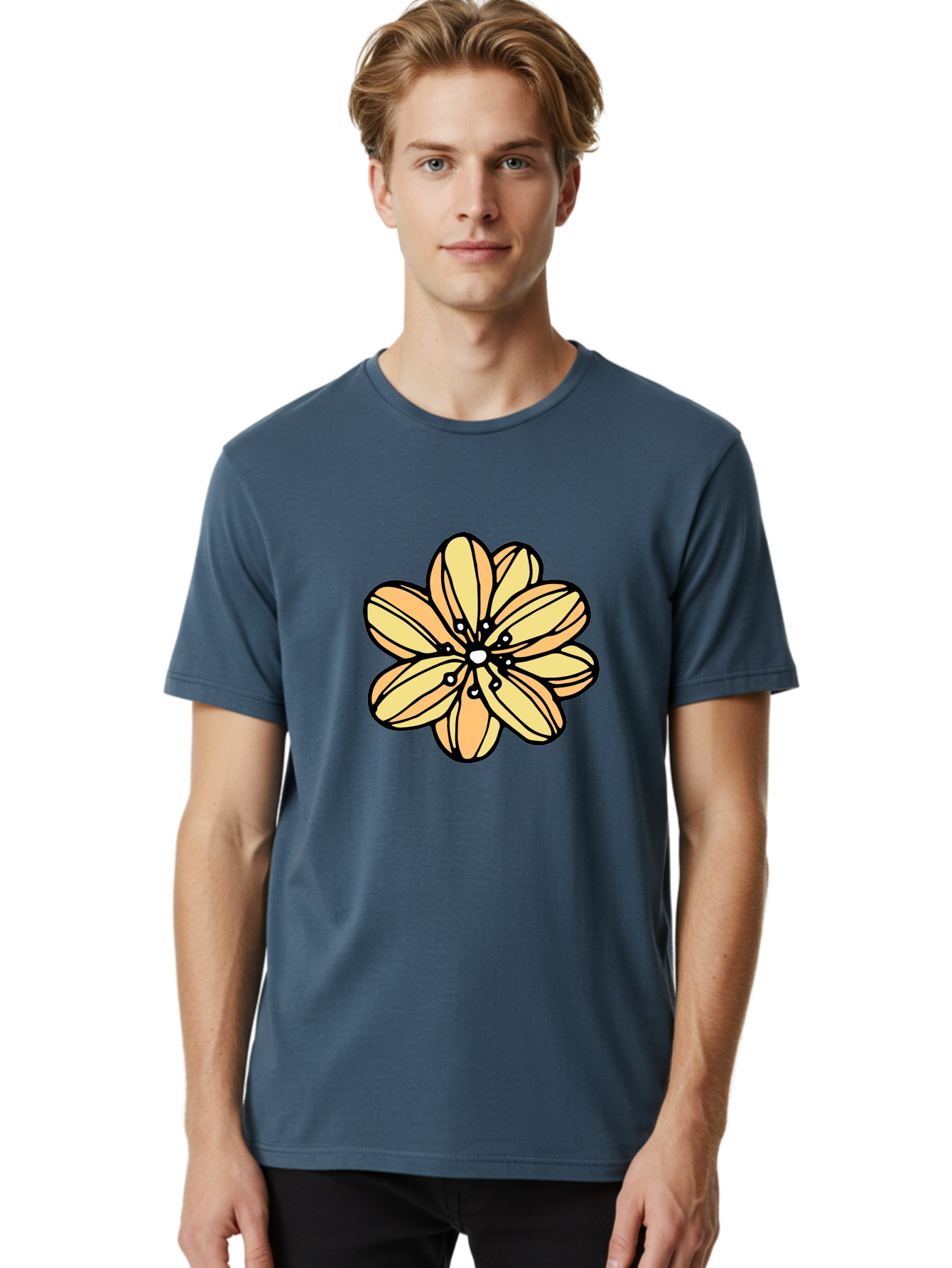 Yellow-Flower Men'S Graphic Tee, 100% Cotton, Comfortable Casual Summer Wear, Machine Washable, Cartoon Flower, Yellow Petals, Simple Design, Black Outline, Floral Illustration, Digital Art, Minimalist Style Aab182