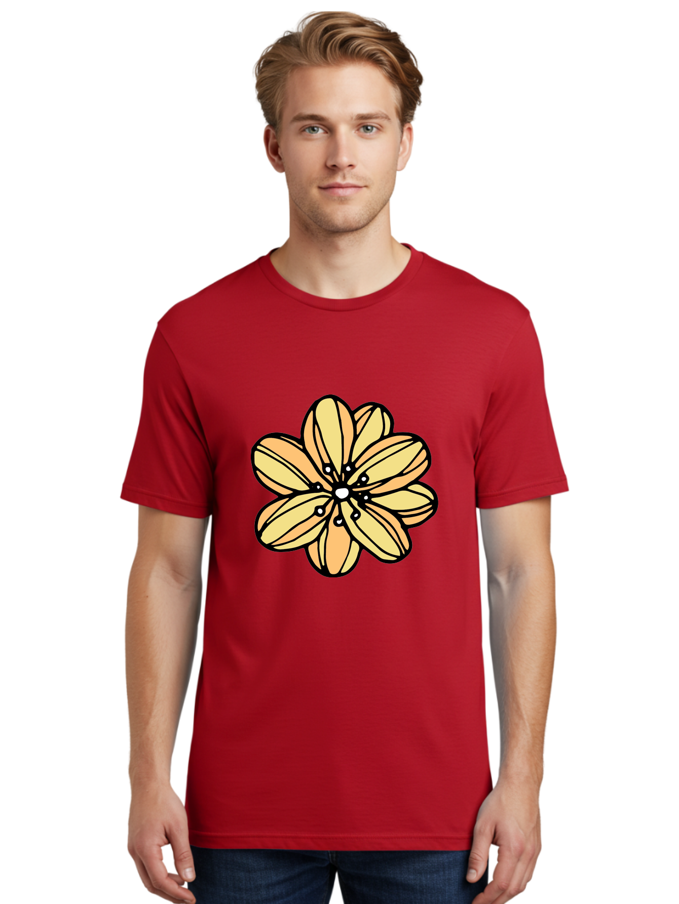 Yellow-Flower Men'S Graphic Tee, 100% Cotton, Comfortable Casual Summer Wear, Machine Washable, Cartoon Flower, Yellow Petals, Simple Design, Black Outline, Floral Illustration, Digital Art, Minimalist Style Aab182