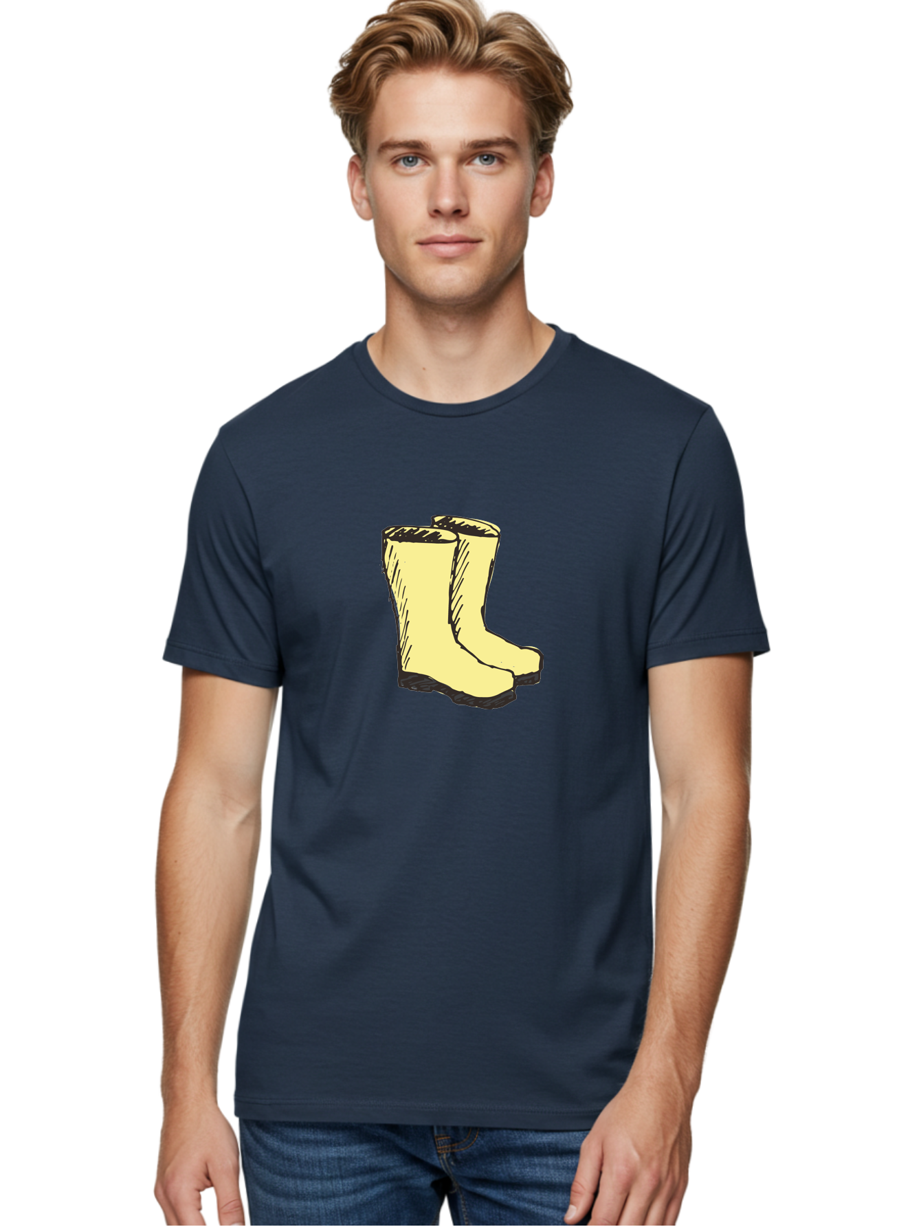 Yellow-Rain-Boots Men'S Graphic Tee, 100% Cotton, Comfortable Casual Summer Wear, Machine Washable, Yellow Rain Boots, Waterproof Footwear, Outdoor Gear, Rubber Boots, Hiking Boots, Fashion Boots, Rugged Style, Casual Wear, Outdoor Activities Aab183