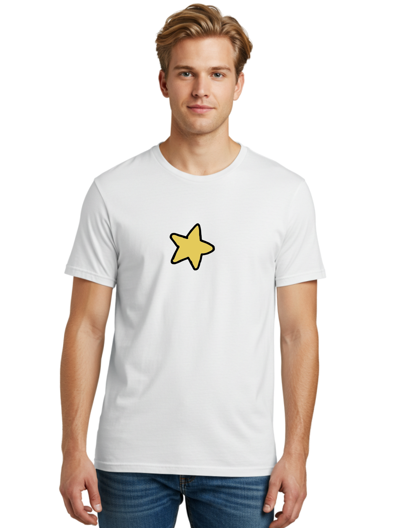Yellow-Star-1 Men'S Graphic Tee, 100% Cotton, Comfortable Casual Summer Wear, Machine Washable, Yellow Star, Five-Pointed Star, Cartoon Star, Simple Design, Minimalist Artwork, Symbolic Icon, Celestial Body, Hand-Drawn Illustration Aab185