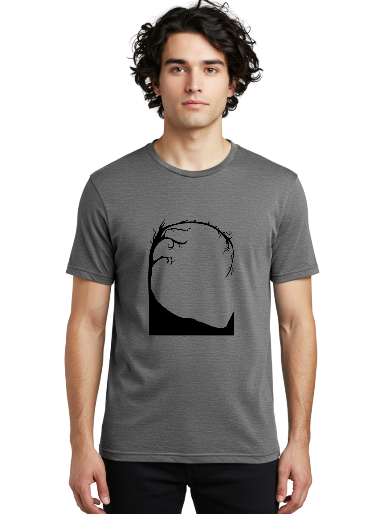 A-Tree-Silhouette Men'S Graphic Tee, 100% Cotton, Comfortable Casual Summer Wear, Machine Washable, Twisted Tree Branches, Bare Tree Silhouette, Abstract Tree Design, Minimalist Art, Black Tree On Green, Surreal Landscape, Eerie Atmosphere Aab190