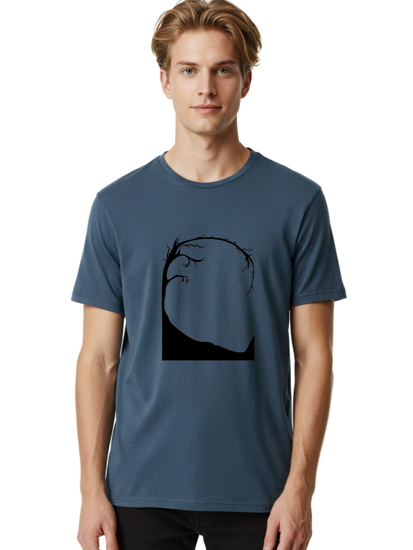 A-Tree-Silhouette Men'S Graphic Tee, 100% Cotton, Comfortable Casual Summer Wear, Machine Washable, Twisted Tree Branches, Bare Tree Silhouette, Abstract Tree Design, Minimalist Art, Black Tree On Green, Surreal Landscape, Eerie Atmosphere Aab190
