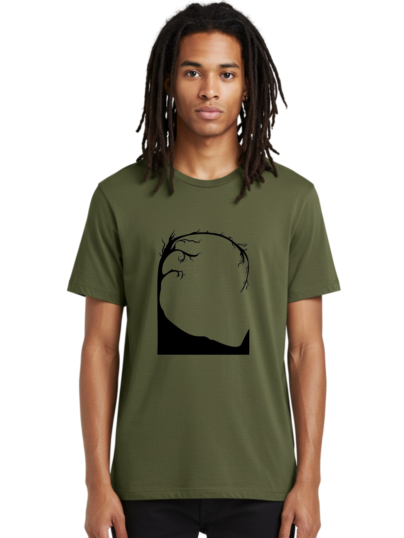A-Tree-Silhouette Men'S Graphic Tee, 100% Cotton, Comfortable Casual Summer Wear, Machine Washable, Twisted Tree Branches, Bare Tree Silhouette, Abstract Tree Design, Minimalist Art, Black Tree On Green, Surreal Landscape, Eerie Atmosphere Aab190