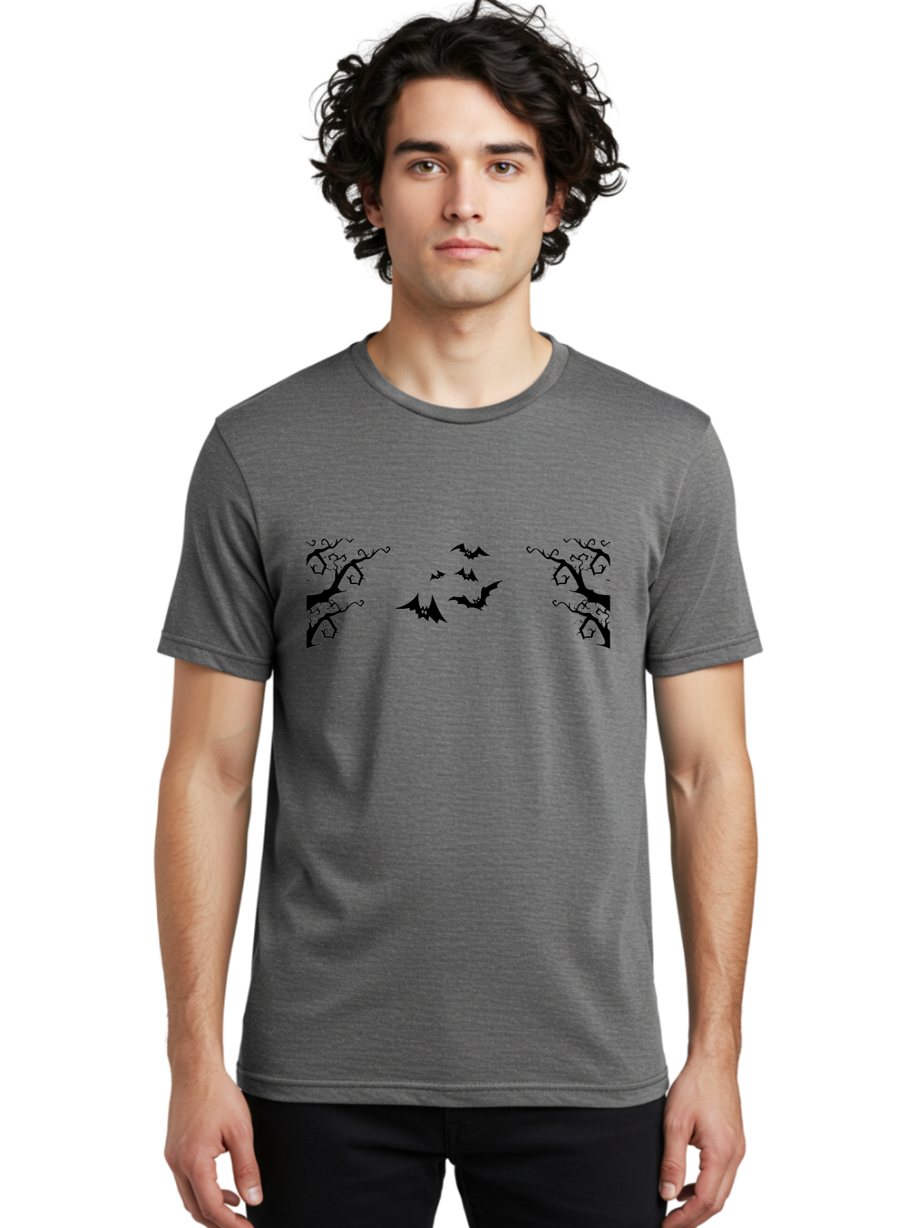 Bats-Flying-Between-Trees Men'S Graphic Tee, 100% Cotton, Comfortable Casual Summer Wear, Machine Washable, Halloween Bats, Flying Bats, Spooky Trees, Twisted Branches, Gothic Atmosphere, Dark Silhouettes, Haunted Woods, Flying Creatures Aab196