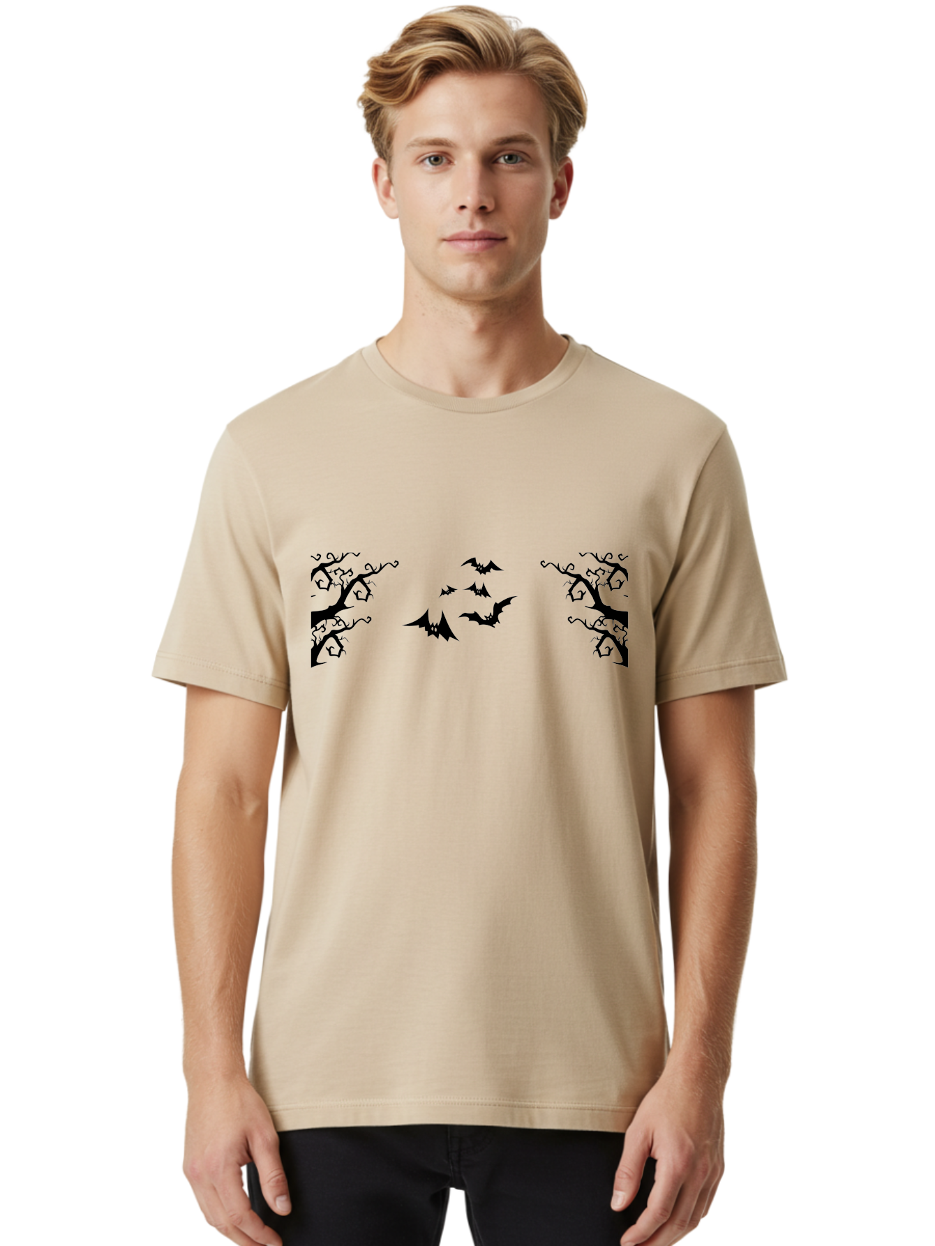 Bats-Flying-Between-Trees Men'S Graphic Tee, 100% Cotton, Comfortable Casual Summer Wear, Machine Washable, Halloween Bats, Flying Bats, Spooky Trees, Twisted Branches, Gothic Atmosphere, Dark Silhouettes, Haunted Woods, Flying Creatures Aab196