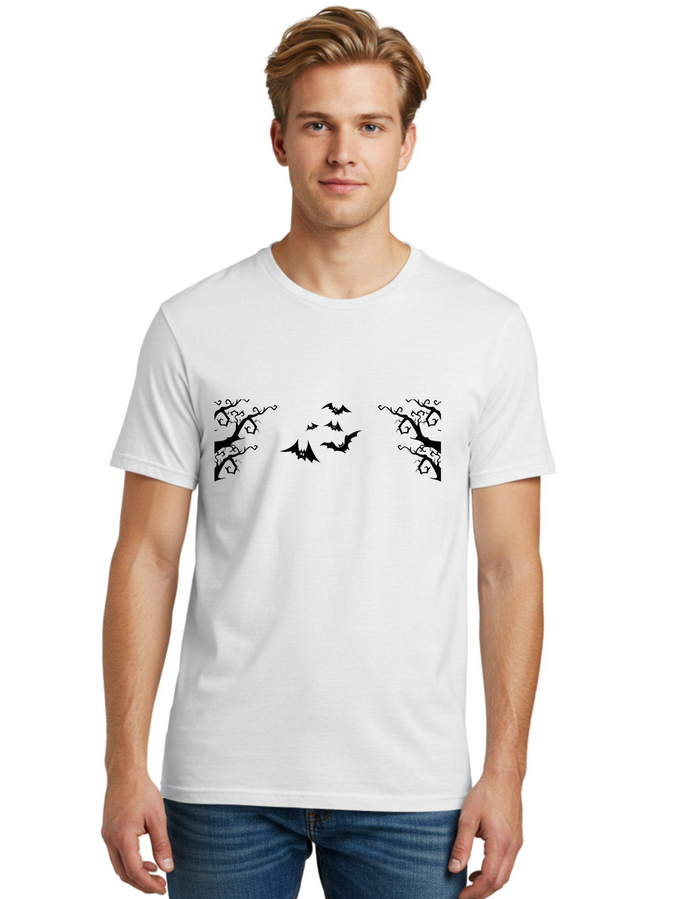 Bats-Flying-Between-Trees Men'S Graphic Tee, 100% Cotton, Comfortable Casual Summer Wear, Machine Washable, Halloween Bats, Flying Bats, Spooky Trees, Twisted Branches, Gothic Atmosphere, Dark Silhouettes, Haunted Woods, Flying Creatures Aab196