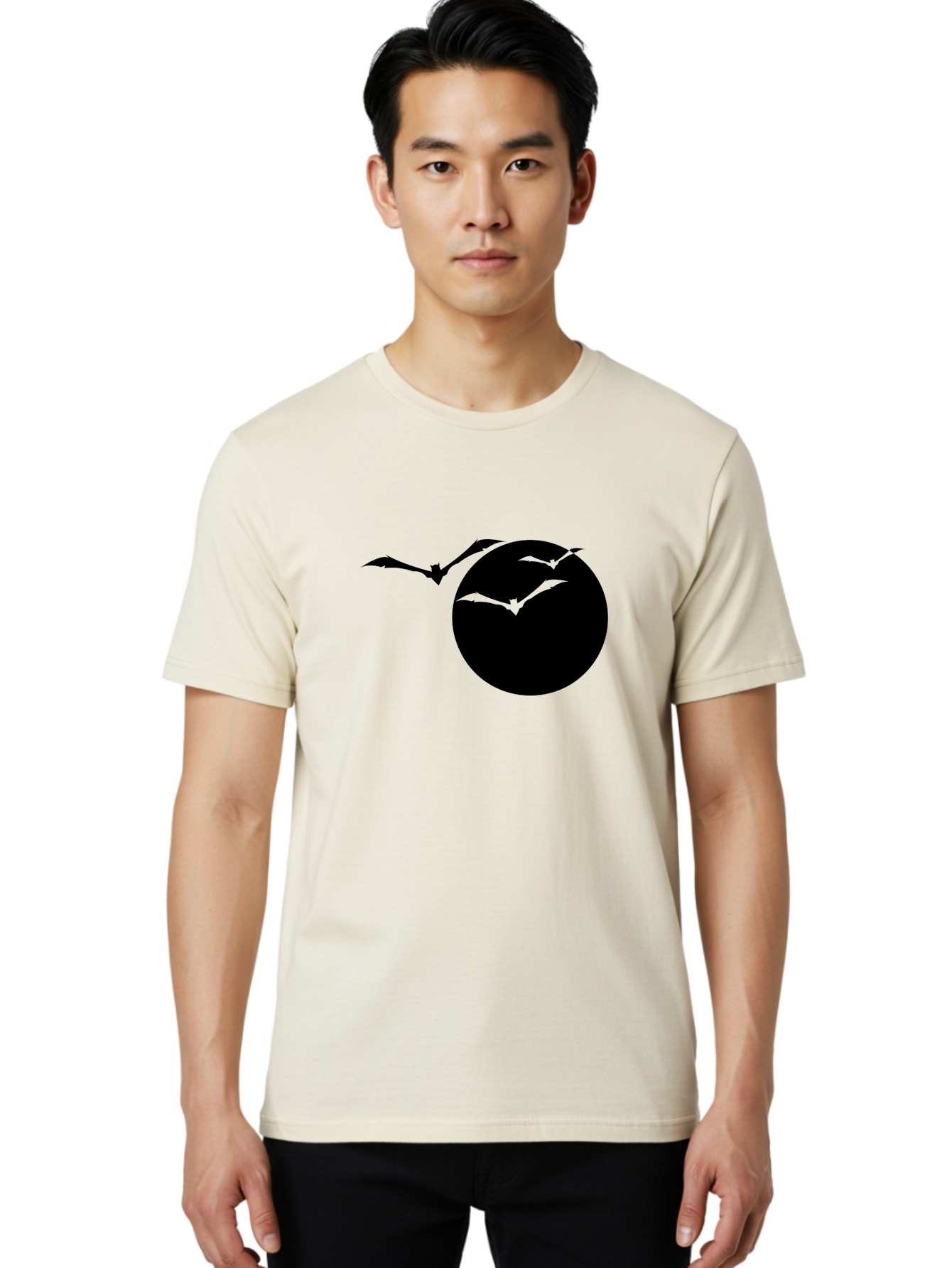 Bats-Flying Men'S Graphic Tee, 100% Cotton, Comfortable Casual Summer Wear, Machine Washable, Bats Flying Around The Moon, Spooky Atmosphere, Halloween Theme, Nighttime Scene, Mysterious Ambiance, Bats In Flight, Lunar Background, Aab197