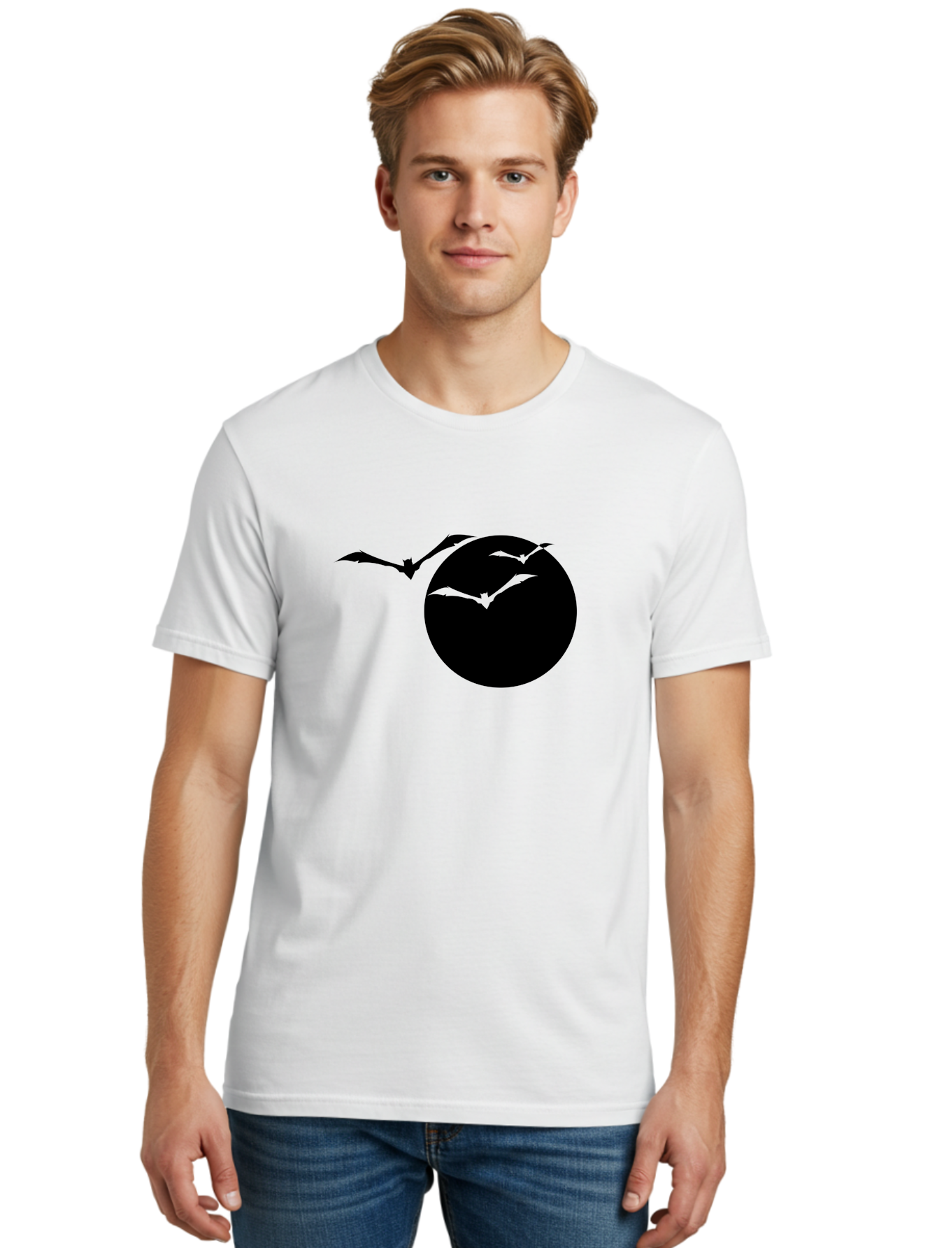 Bats-Flying Men'S Graphic Tee, 100% Cotton, Comfortable Casual Summer Wear, Machine Washable, Bats Flying Around The Moon, Spooky Atmosphere, Halloween Theme, Nighttime Scene, Mysterious Ambiance, Bats In Flight, Lunar Background, Aab197