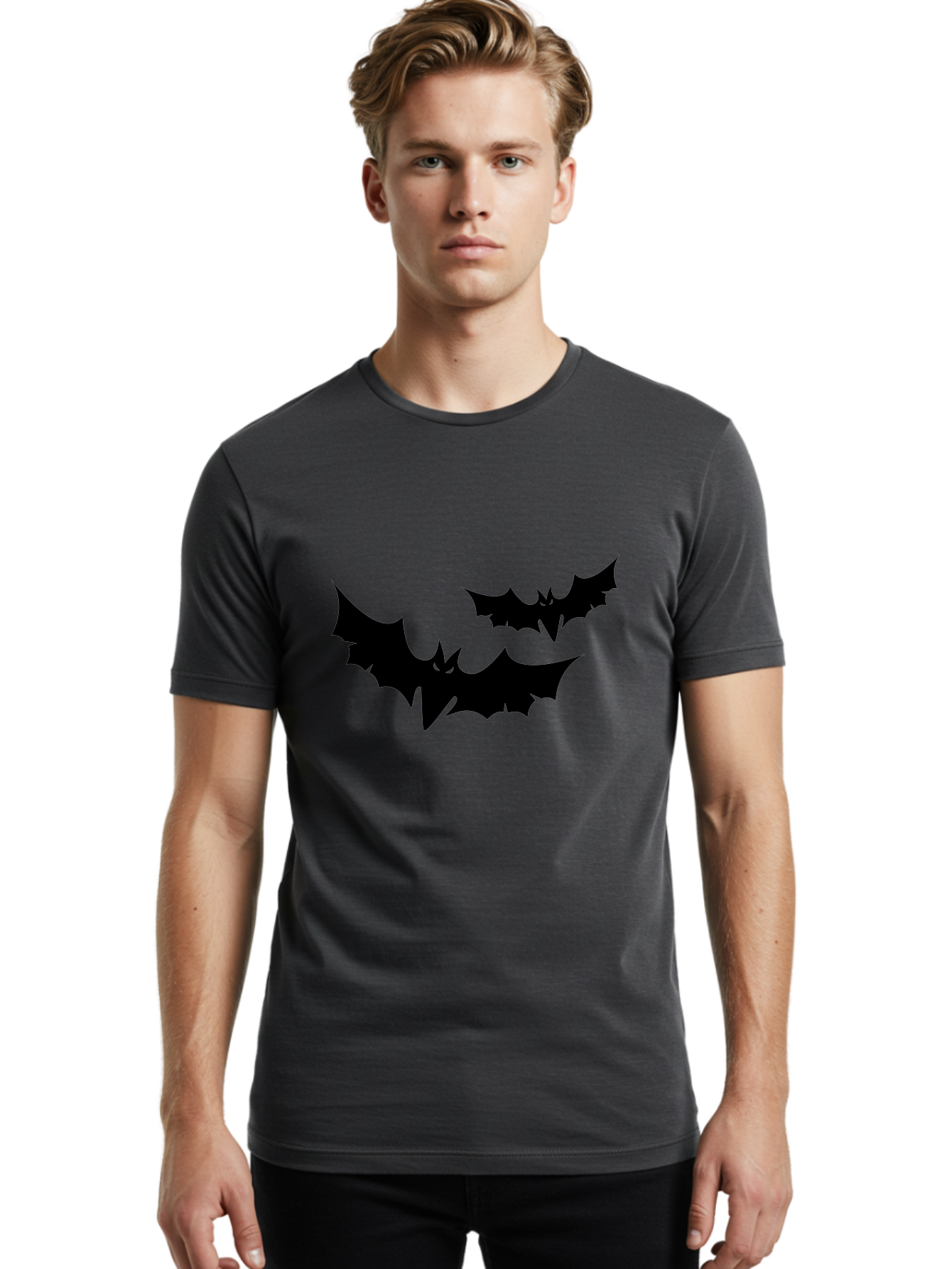 Black-Bats Men'S Graphic Tee, 100% Cotton, Comfortable Casual Summer Wear, Machine Washable, Halloween Bats, Black Bats, Bat Silhouettes, Spooky Decor, Halloween Decorations, Flying Bats, Halloween Theme Aab201