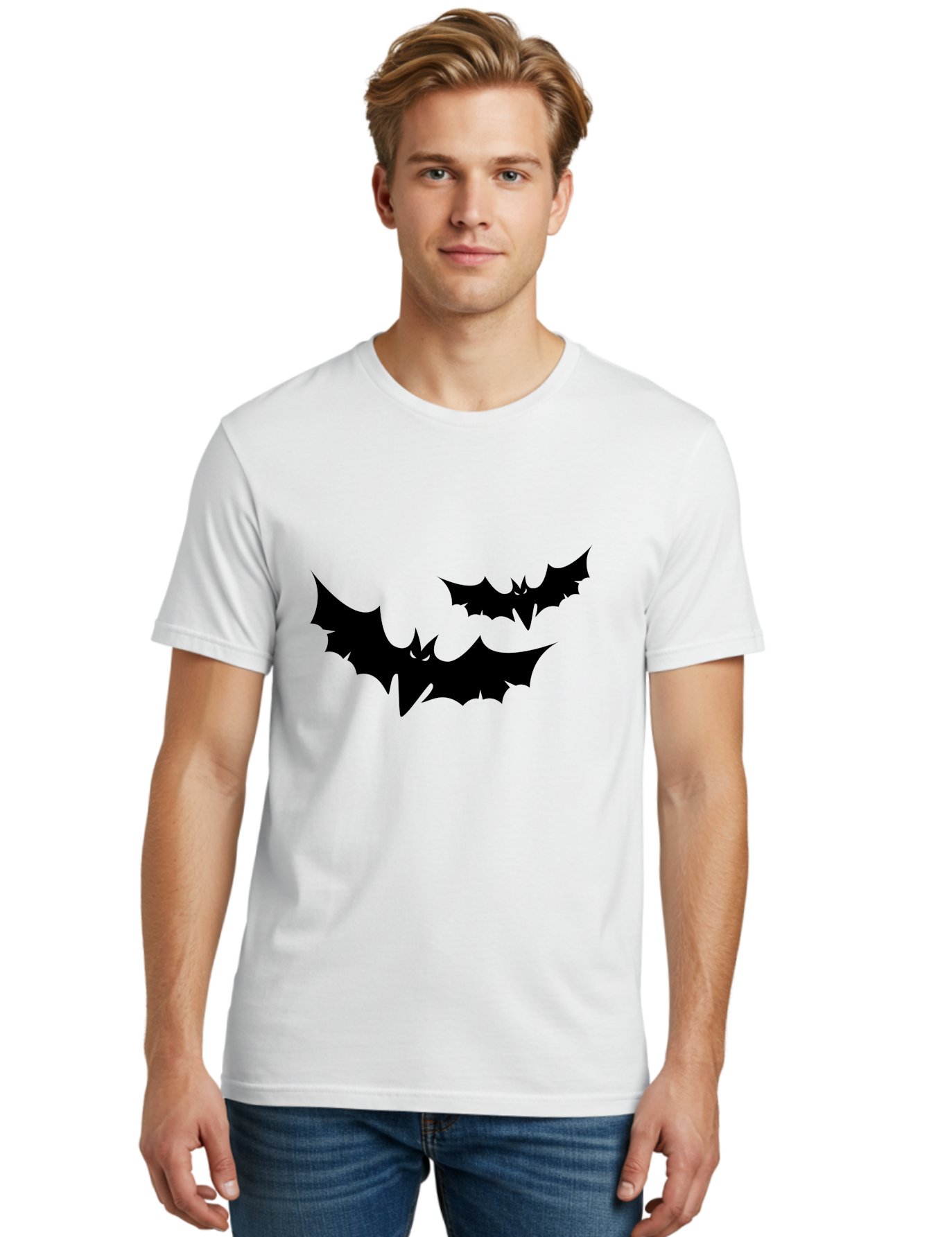 Black-Bats Men'S Graphic Tee, 100% Cotton, Comfortable Casual Summer Wear, Machine Washable, Halloween Bats, Black Bats, Bat Silhouettes, Spooky Decor, Halloween Decorations, Flying Bats, Halloween Theme Aab201