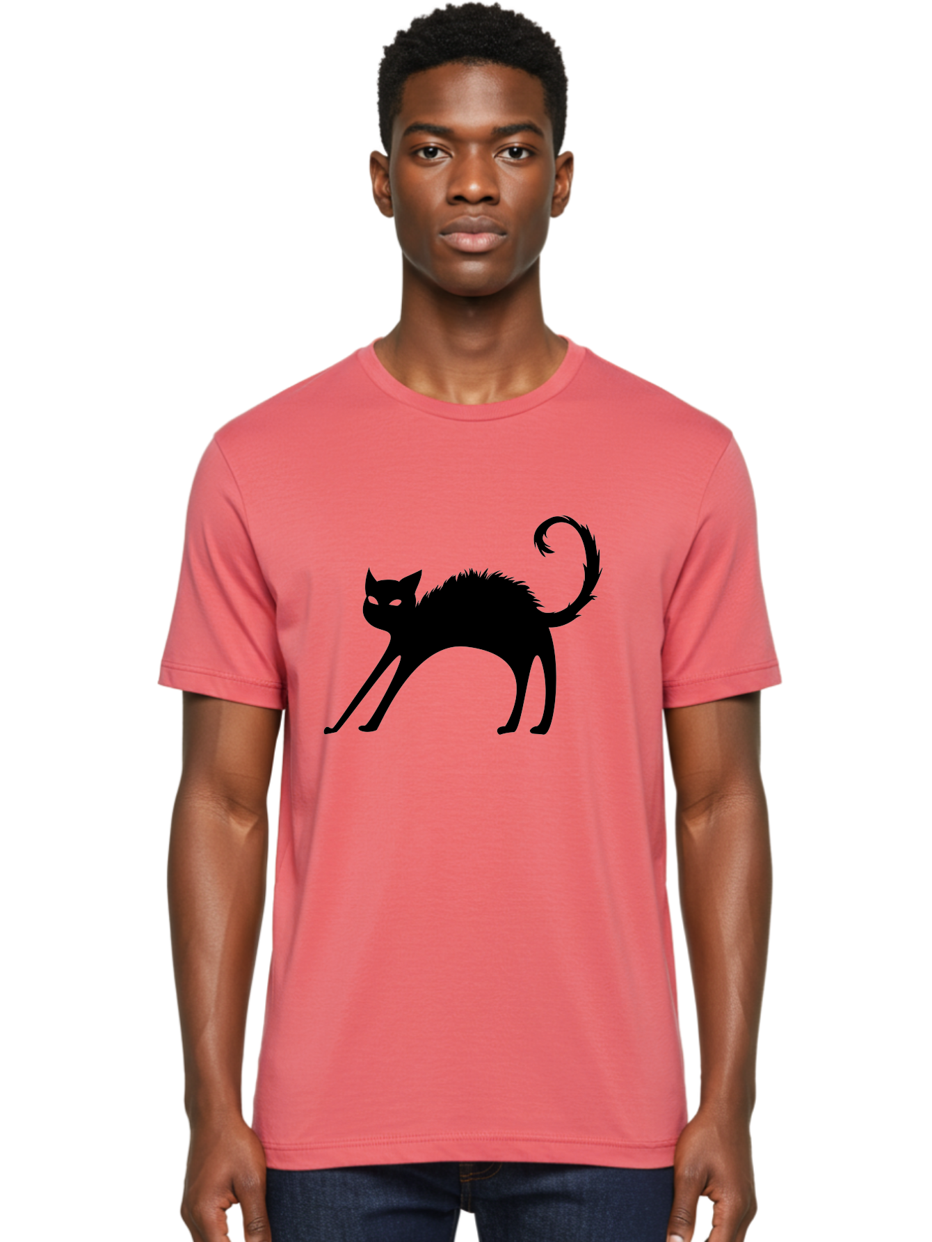 Black-Cat-Silhouette-1 Men'S Graphic Tee, 100% Cotton, Comfortable Casual Summer Wear, Machine Washable, Black Cat Silhouette, Spooky Cat, Halloween Symbol, Mysterious Animal, Glowing Eyes, Feline Silhouette, Mystical Creature, Aab202
