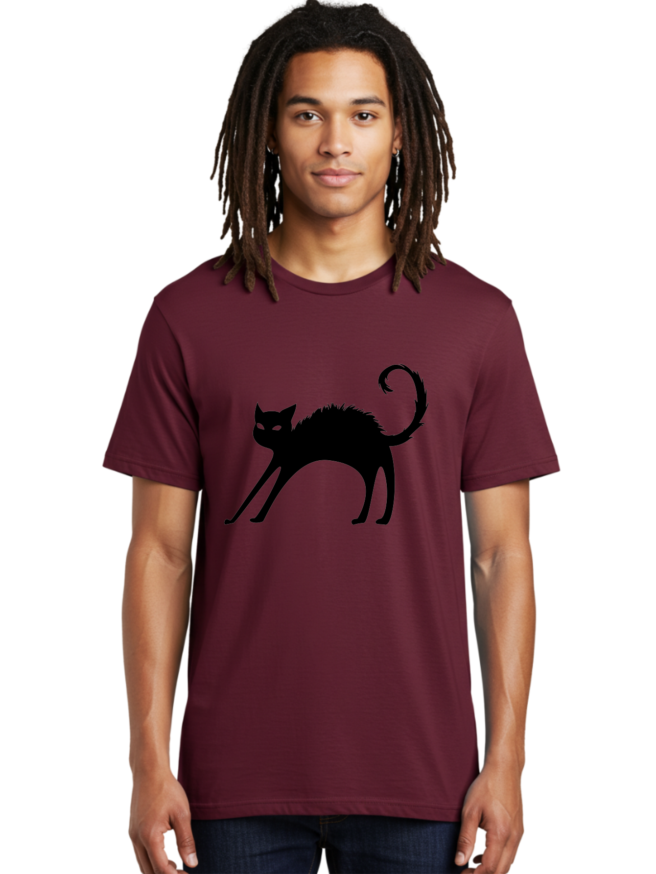 Black-Cat-Silhouette-1 Men'S Graphic Tee, 100% Cotton, Comfortable Casual Summer Wear, Machine Washable, Black Cat Silhouette, Spooky Cat, Halloween Symbol, Mysterious Animal, Glowing Eyes, Feline Silhouette, Mystical Creature, Aab202