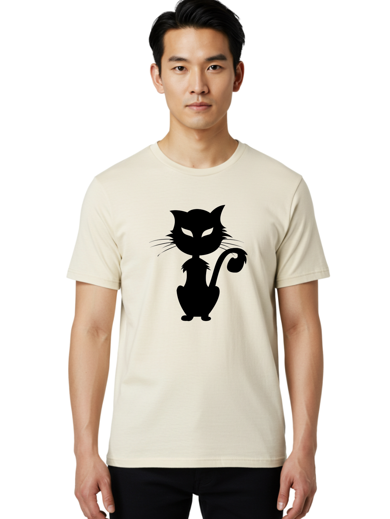 Black-Cat-Silhouette-2 Men'S Graphic Tee, 100% Cotton, Comfortable Casual Summer Wear, Machine Washable, Black Cat, Cat Silhouette, Feline Figure, Glowing Green Eyes, Mystical Cat, Cat Graphic, Spooky Cat, Mysterious Animal, Halloween Icon Aab203