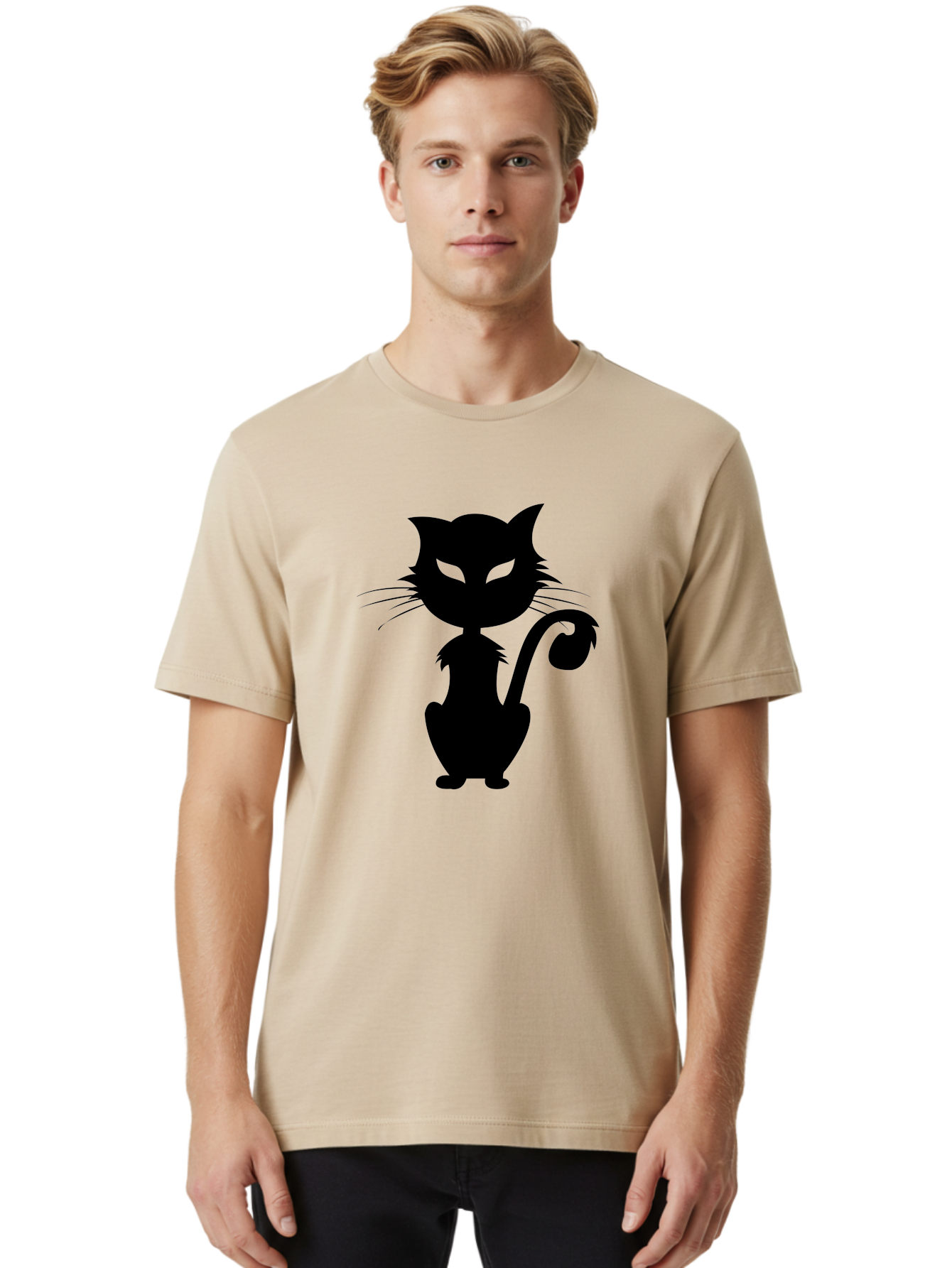 Black-Cat-Silhouette-2 Men'S Graphic Tee, 100% Cotton, Comfortable Casual Summer Wear, Machine Washable, Black Cat, Cat Silhouette, Feline Figure, Glowing Green Eyes, Mystical Cat, Cat Graphic, Spooky Cat, Mysterious Animal, Halloween Icon Aab203
