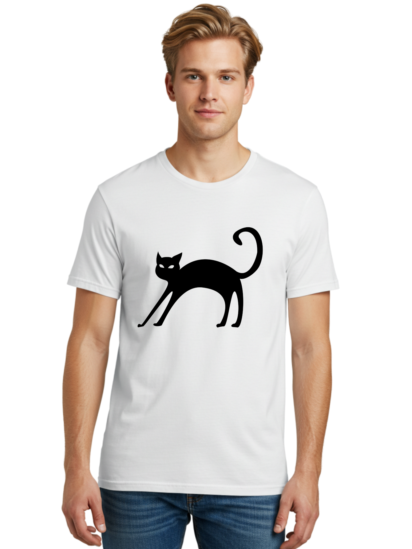 Black-Cat-Silhouette Men'S Graphic Tee, 100% Cotton, Comfortable Casual Summer Wear, Machine Washable, Black Cat Silhouette, Mysterious Eyes, Glowing Green Eyes, Feline Figure, Spooky Atmosphere, Halloween Icon, Cat Illustration, Aab204