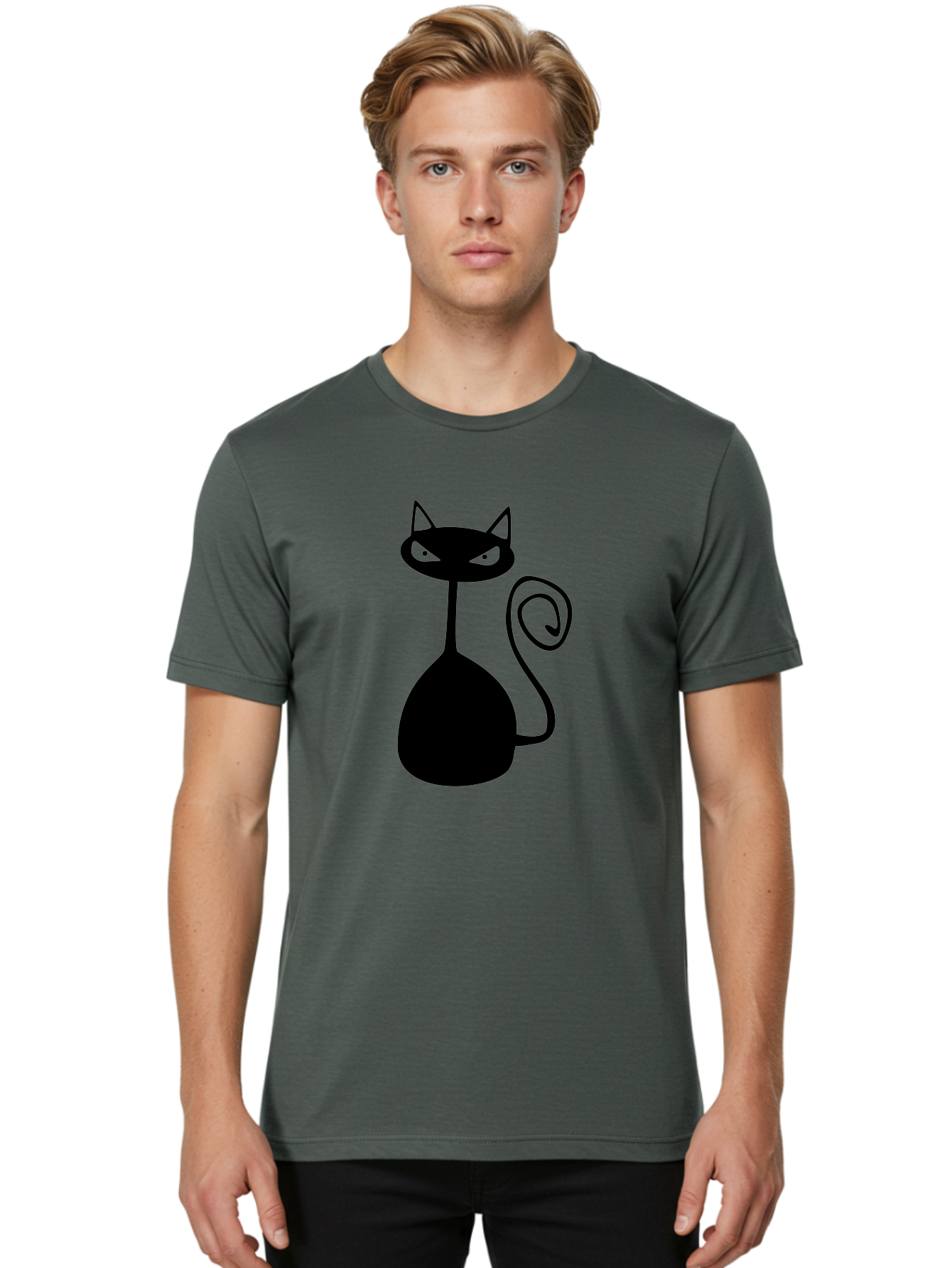 Black-Cat Men'S Graphic Tee, 100% Cotton, Comfortable Casual Summer Wear, Machine Washable, Black Cat Silhouette, Evil Cat, Green Eyes, Cartoon Style, Minimalist Design, Simple Shapes, Whimsical Art, Feline Illustration, Spooky Cat, Aab205