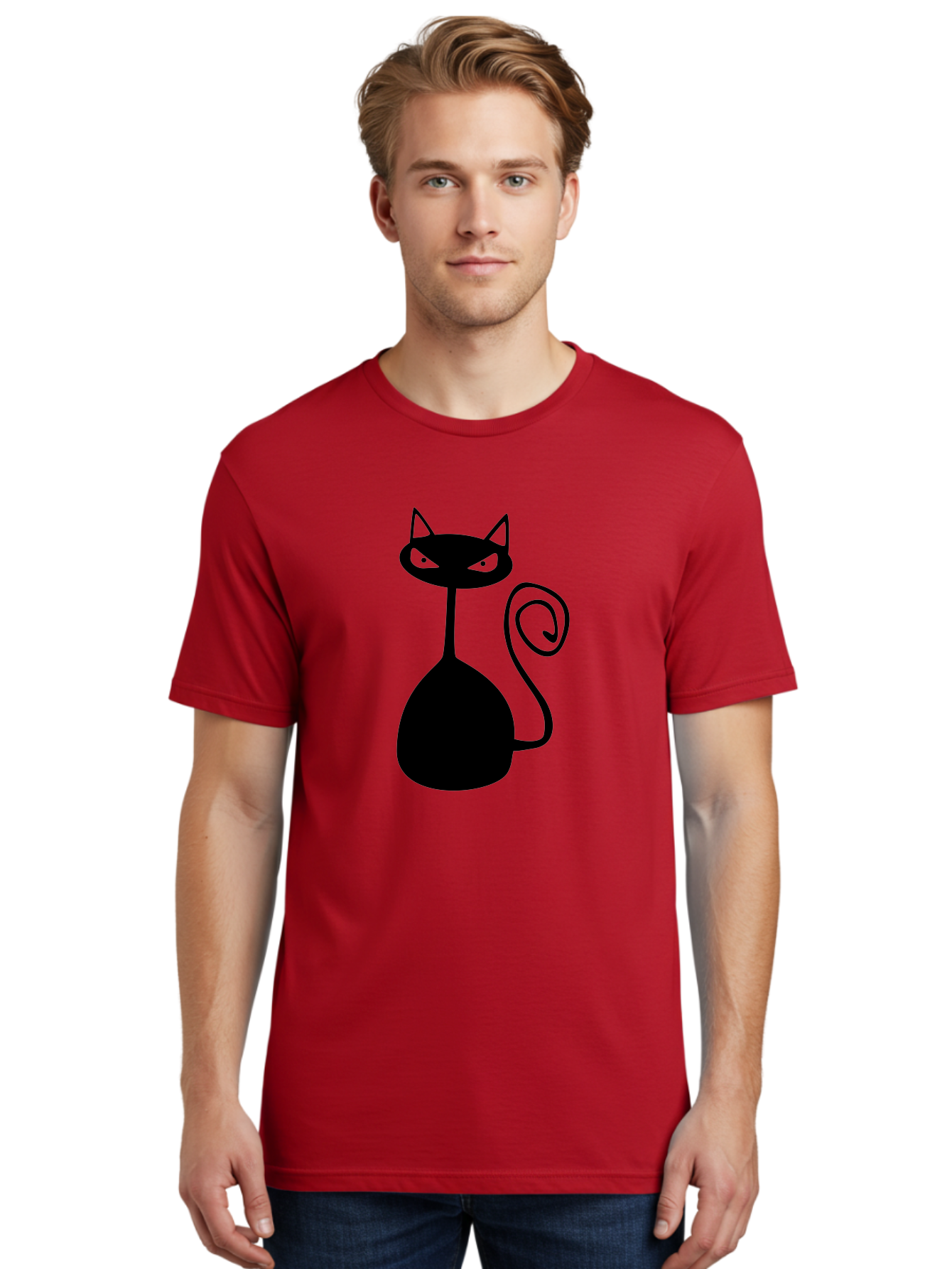 Black-Cat Men'S Graphic Tee, 100% Cotton, Comfortable Casual Summer Wear, Machine Washable, Black Cat Silhouette, Evil Cat, Green Eyes, Cartoon Style, Minimalist Design, Simple Shapes, Whimsical Art, Feline Illustration, Spooky Cat, Aab205