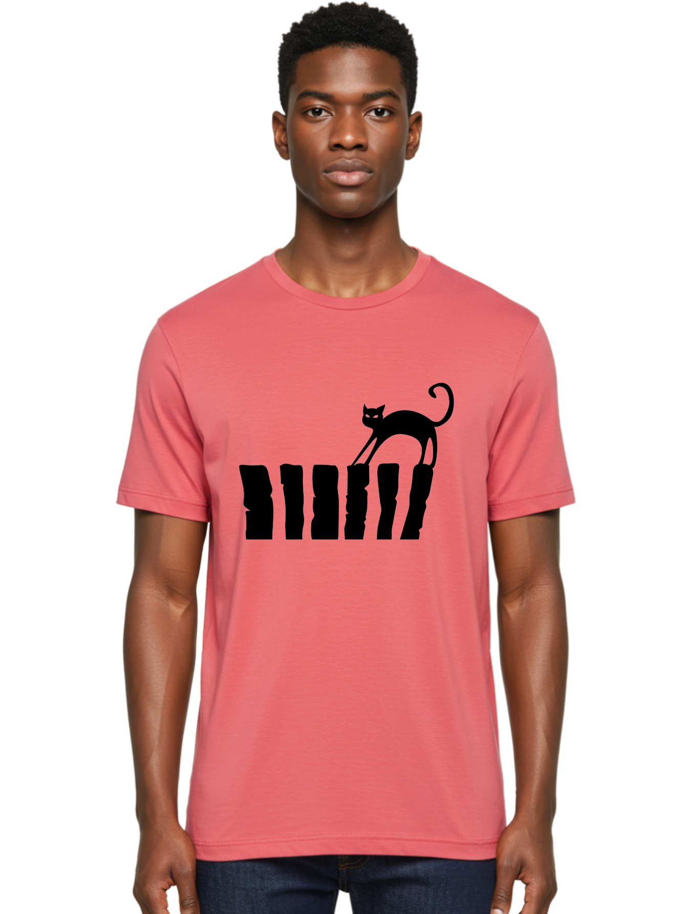 Cat-On-Fence Men'S Graphic Tee, 100% Cotton, Comfortable Casual Summer Wear, Machine Washable, Black Cat Silhouette, Feline Graphics, Cat On Fence, Whimsical Design, Minimalist Art, Cat Illustration, Modern Cat Graphic Aab208