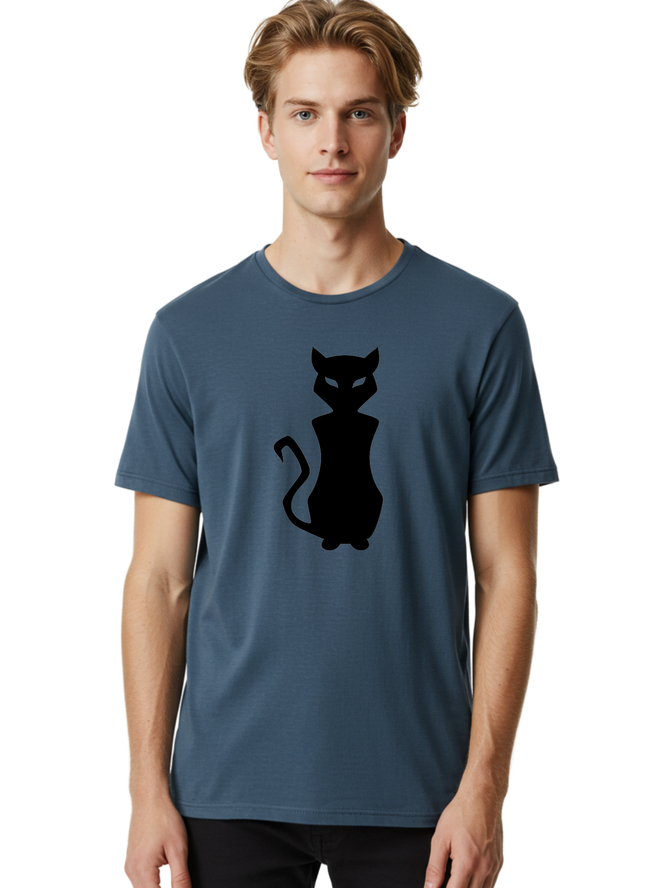 Cat-Silhouette Men'S Graphic Tee, 100% Cotton, Comfortable Casual Summer Wear, Machine Washable, Black Cat Silhouette, Glowy Eyes, Cat'S Paw On Face, Feline Figure, Mysterious Animal, Sleek Design, Glowing Green Eyes, Cat Shape Aab209