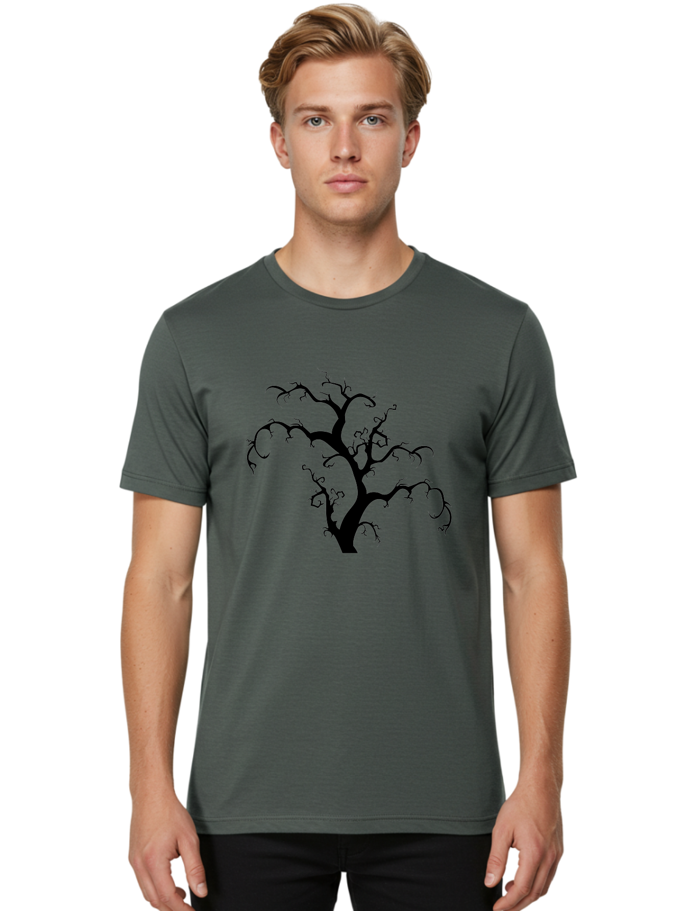 Dead-Tree-Silhouette Men'S Graphic Tee, 100% Cotton, Comfortable Casual Summer Wear, Machine Washable, Dead Tree Silhouette, Barren Branches, Spooky Atmosphere, Gothic Art, Mysterious, Haunting, Twisted, Eerie Aab213