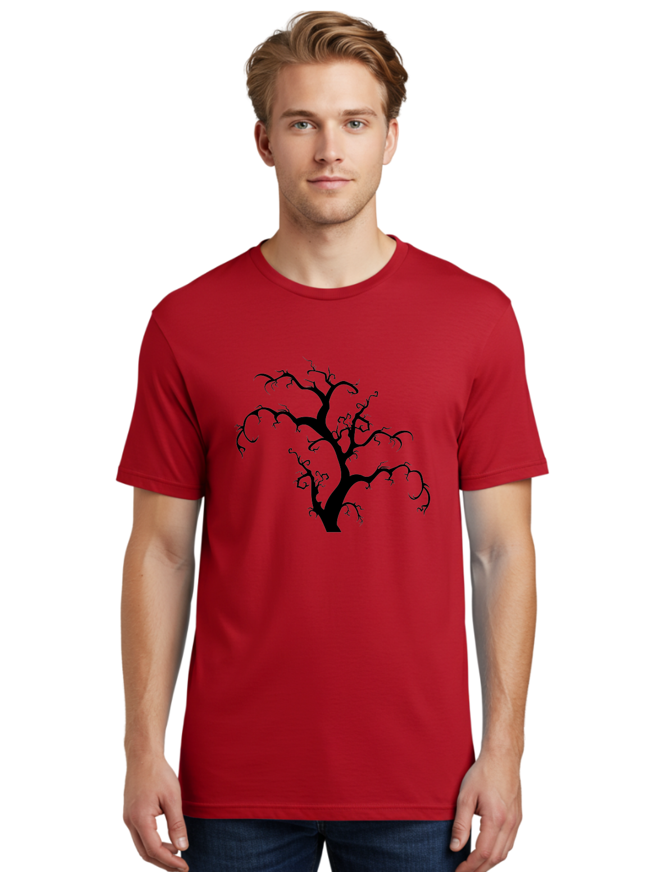 Dead-Tree-Silhouette Men'S Graphic Tee, 100% Cotton, Comfortable Casual Summer Wear, Machine Washable, Dead Tree Silhouette, Barren Branches, Spooky Atmosphere, Gothic Art, Mysterious, Haunting, Twisted, Eerie Aab213