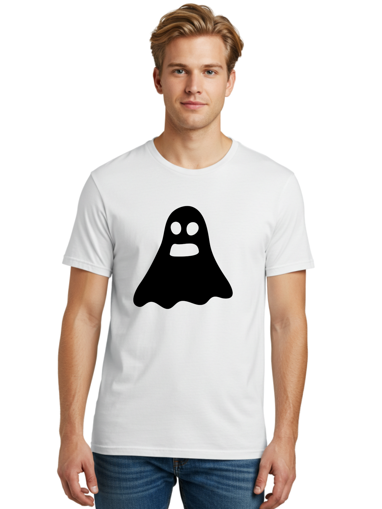 Ghost Men'S Graphic Tee, 100% Cotton, Comfortable Casual Summer Wear, Machine Washable, Ghost Character, Cartoon Style, Spooky Atmosphere, Simple Design, Bold Silhouette, Creepy Face, Halloween Theme, Paranormal Activity Aab218