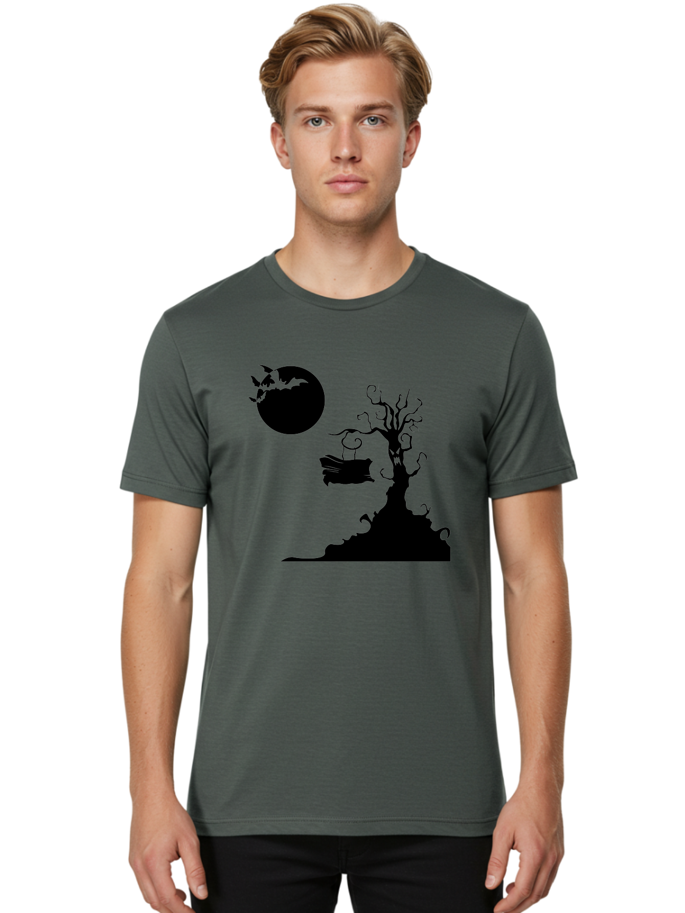 Halloween-Tree Men'S Graphic Tee, 100% Cotton, Comfortable Casual Summer Wear, Machine Washable, Halloween Scene, Spooky Atmosphere, Flying Bats, Haunted Tree, Swing, Full Moon, Dark Silhouette, Autumn Leaves, Halloween Decorations, Aab219