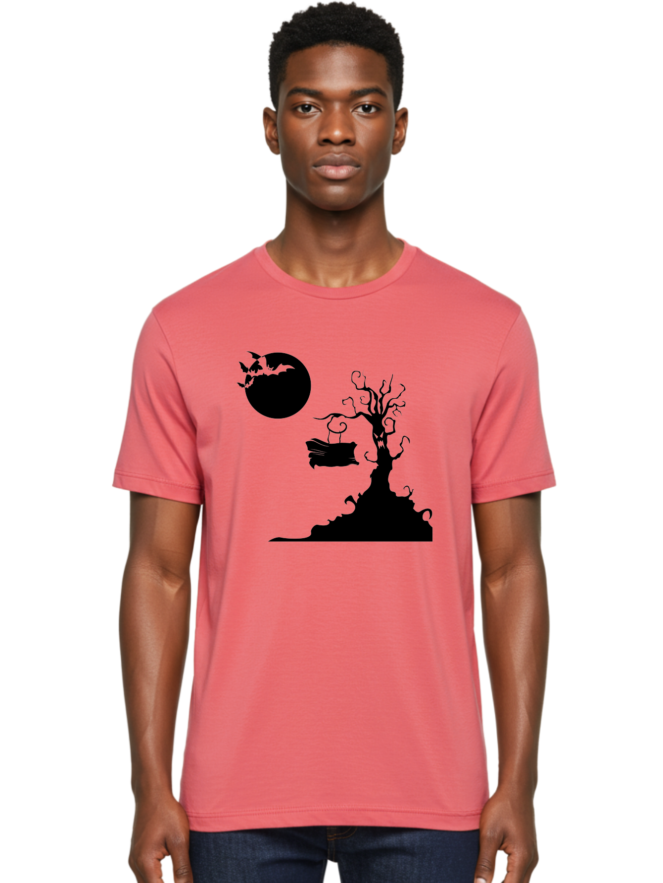 Halloween-Tree Men'S Graphic Tee, 100% Cotton, Comfortable Casual Summer Wear, Machine Washable, Halloween Scene, Spooky Atmosphere, Flying Bats, Haunted Tree, Swing, Full Moon, Dark Silhouette, Autumn Leaves, Halloween Decorations, Aab219