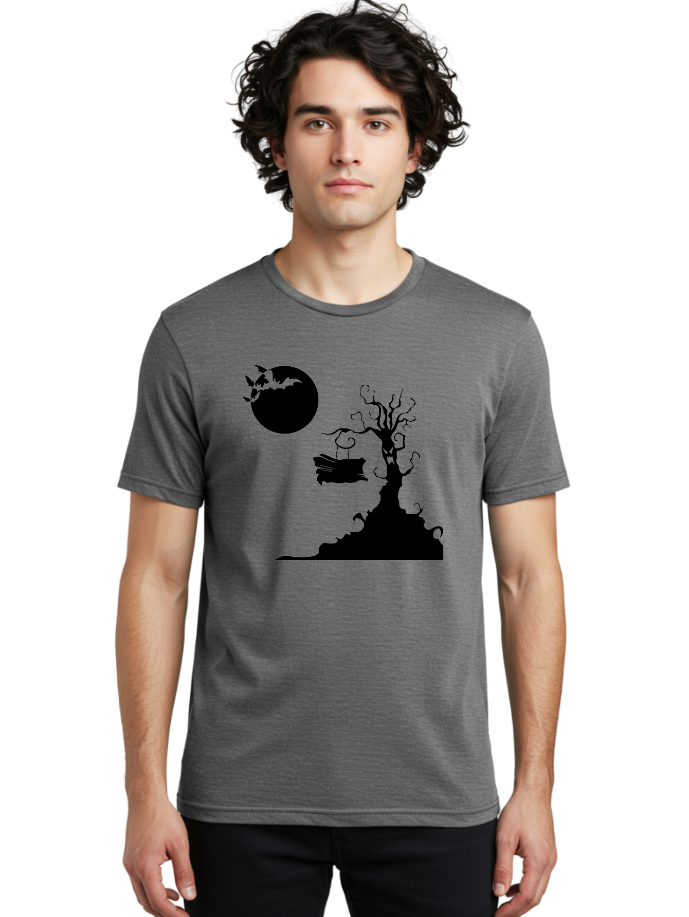 Halloween-Tree Men'S Graphic Tee, 100% Cotton, Comfortable Casual Summer Wear, Machine Washable, Halloween Scene, Spooky Atmosphere, Flying Bats, Haunted Tree, Swing, Full Moon, Dark Silhouette, Autumn Leaves, Halloween Decorations, Aab219