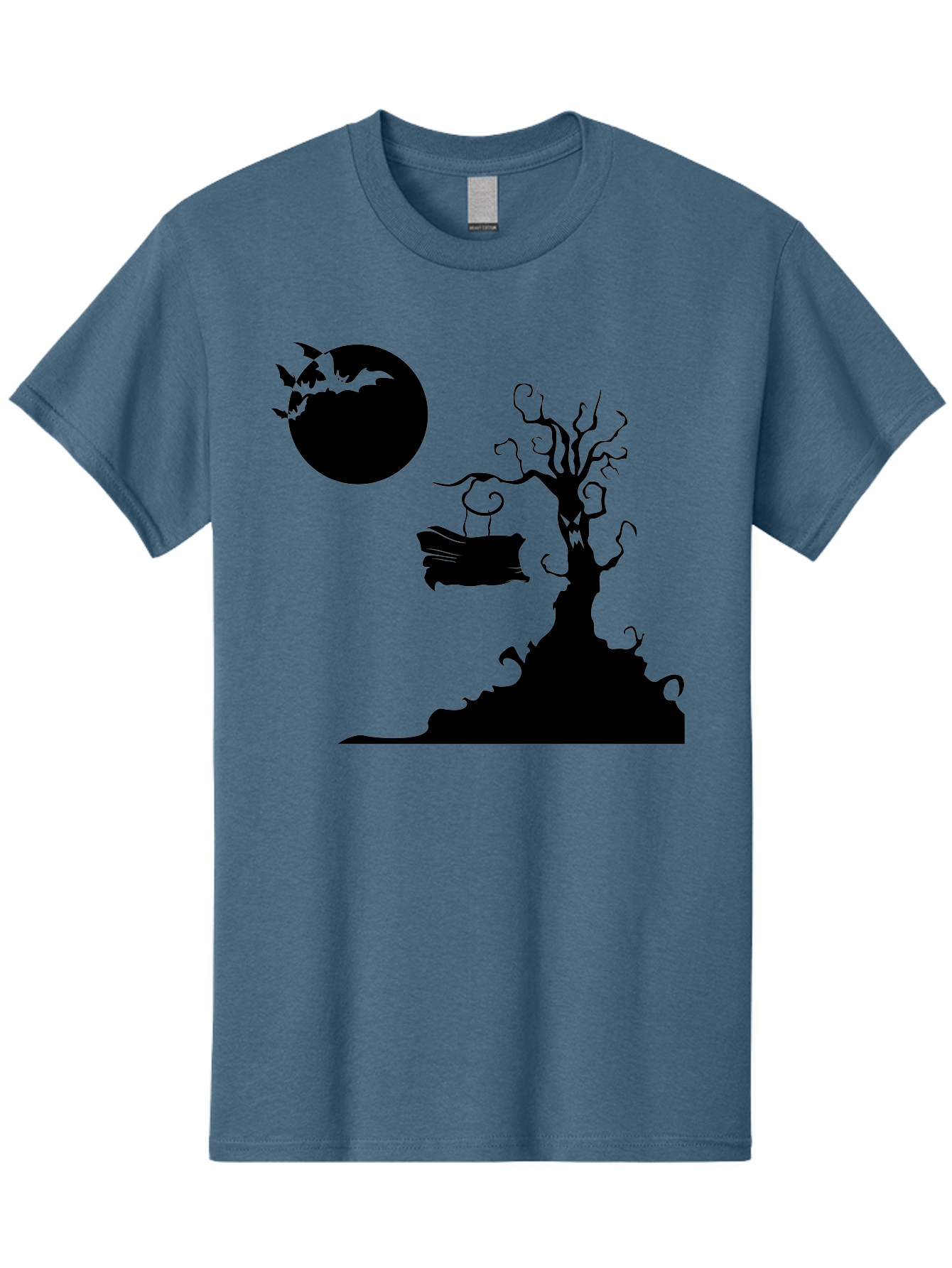 Halloween-Tree Men'S Graphic Tee, 100% Cotton, Comfortable Casual Summer Wear, Machine Washable, Halloween Scene, Spooky Atmosphere, Flying Bats, Haunted Tree, Swing, Full Moon, Dark Silhouette, Autumn Leaves, Halloween Decorations, Aab219