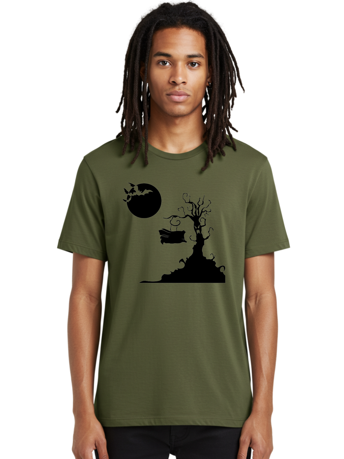 Halloween-Tree Men'S Graphic Tee, 100% Cotton, Comfortable Casual Summer Wear, Machine Washable, Halloween Scene, Spooky Atmosphere, Flying Bats, Haunted Tree, Swing, Full Moon, Dark Silhouette, Autumn Leaves, Halloween Decorations, Aab219