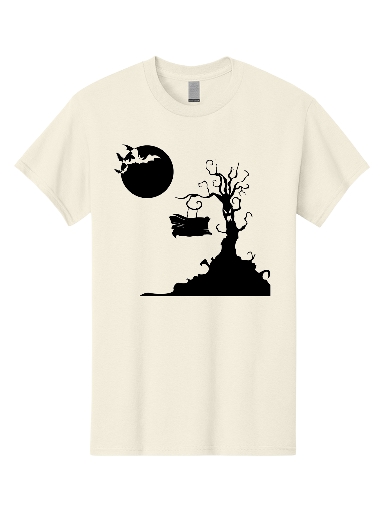 Halloween-Tree Men'S Graphic Tee, 100% Cotton, Comfortable Casual Summer Wear, Machine Washable, Halloween Scene, Spooky Atmosphere, Flying Bats, Haunted Tree, Swing, Full Moon, Dark Silhouette, Autumn Leaves, Halloween Decorations, Aab219