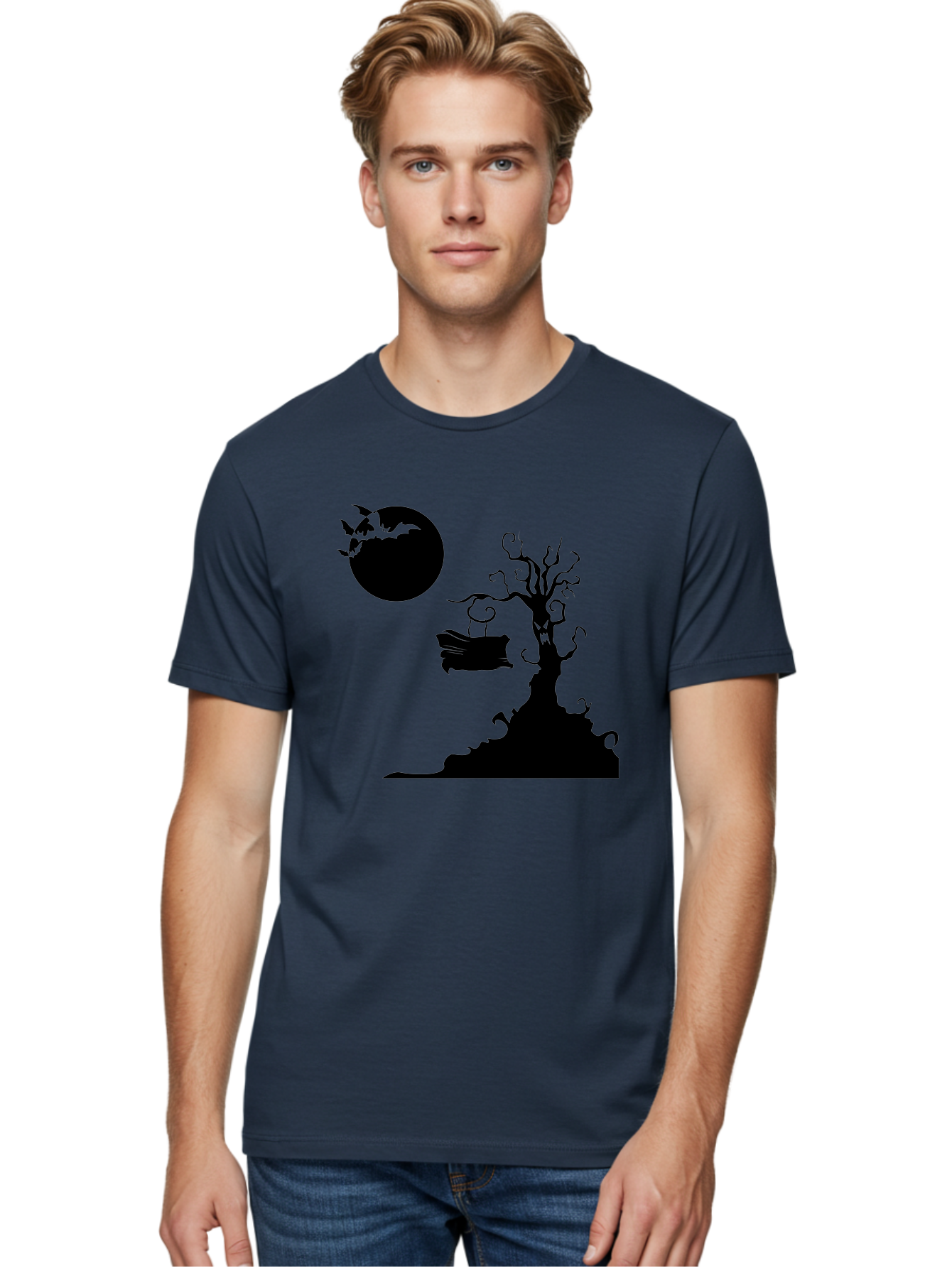 Halloween-Tree Men'S Graphic Tee, 100% Cotton, Comfortable Casual Summer Wear, Machine Washable, Halloween Scene, Spooky Atmosphere, Flying Bats, Haunted Tree, Swing, Full Moon, Dark Silhouette, Autumn Leaves, Halloween Decorations, Aab219