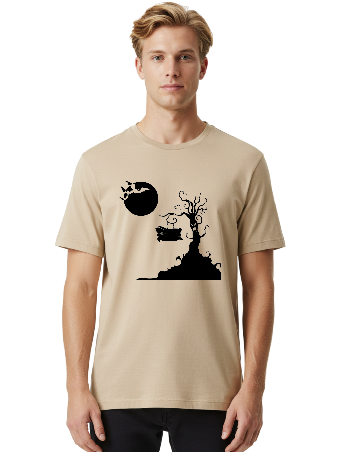 Halloween-Tree Men'S Graphic Tee, 100% Cotton, Comfortable Casual Summer Wear, Machine Washable, Halloween Scene, Spooky Atmosphere, Flying Bats, Haunted Tree, Swing, Full Moon, Dark Silhouette, Autumn Leaves, Halloween Decorations, Aab219