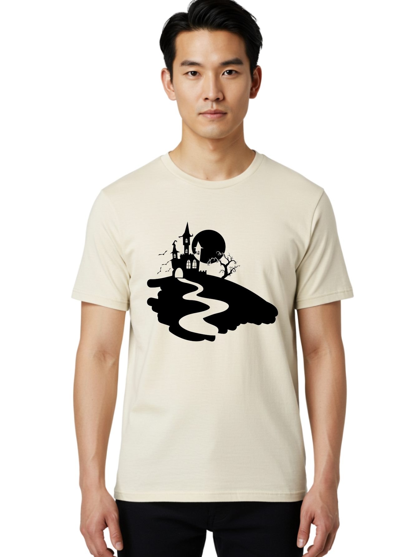 Hand-Holding-Haunted-Mansion Men'S Graphic Tee, 100% Cotton, Comfortable Casual Summer Wear, Machine Washable, Haunted Castle, Spooky Atmosphere, Witching Hour, Full Moon, Creepy Tree, Winding Path, Mystical Ambiance, Gothic Architecture, Aab220