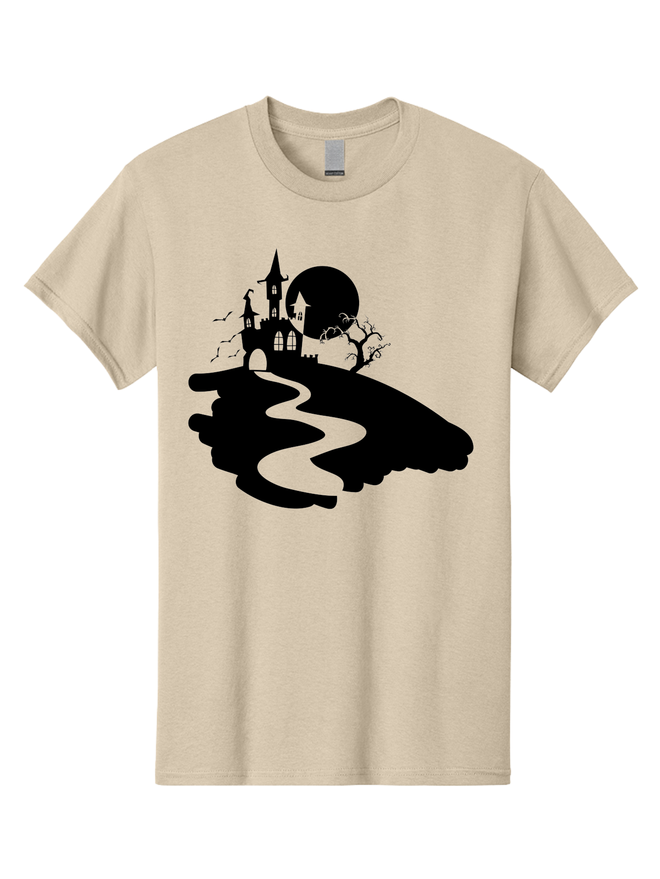 Hand-Holding-Haunted-Mansion Men'S Graphic Tee, 100% Cotton, Comfortable Casual Summer Wear, Machine Washable, Haunted Castle, Spooky Atmosphere, Witching Hour, Full Moon, Creepy Tree, Winding Path, Mystical Ambiance, Gothic Architecture, Aab220