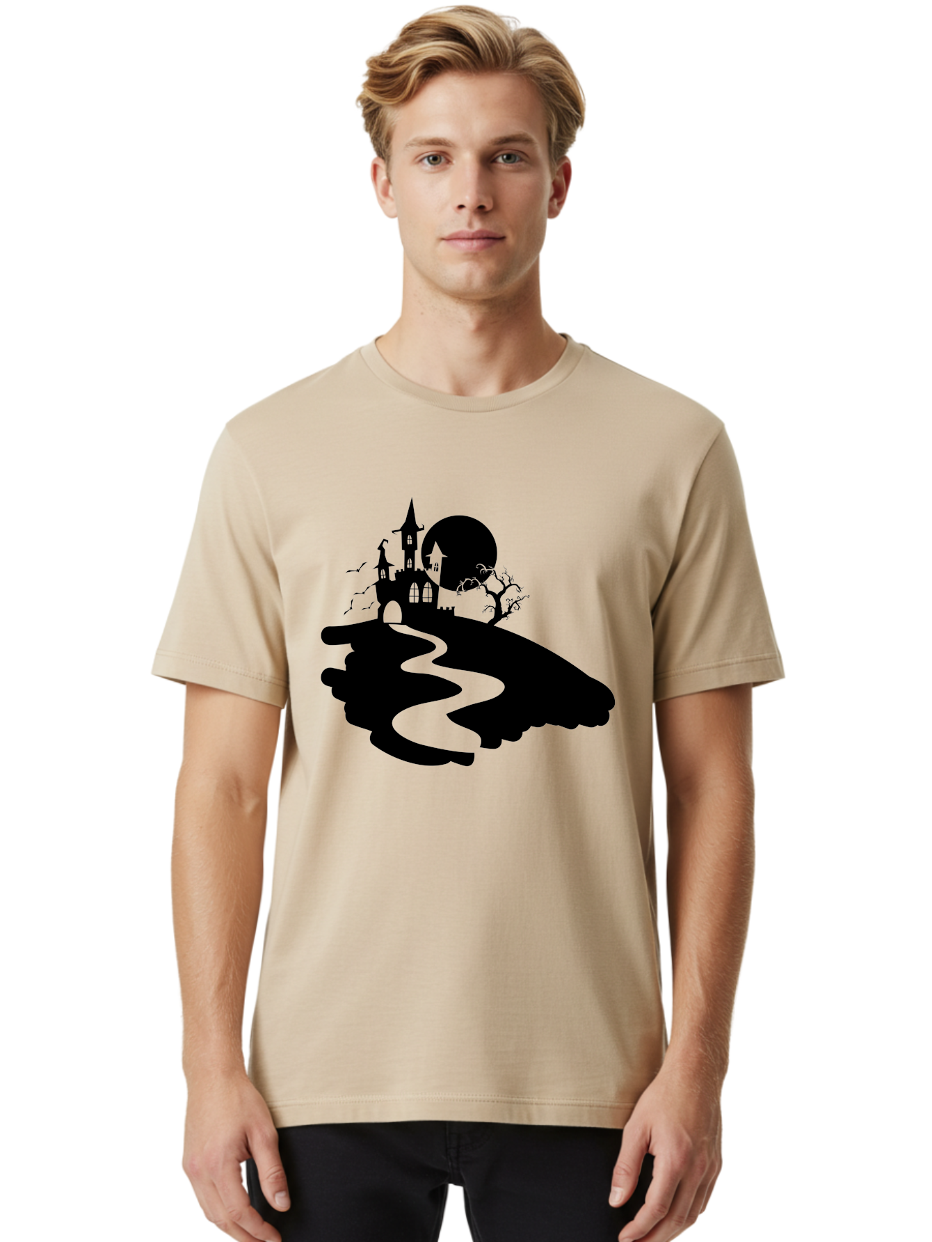 Hand-Holding-Haunted-Mansion Men'S Graphic Tee, 100% Cotton, Comfortable Casual Summer Wear, Machine Washable, Haunted Castle, Spooky Atmosphere, Witching Hour, Full Moon, Creepy Tree, Winding Path, Mystical Ambiance, Gothic Architecture, Aab220