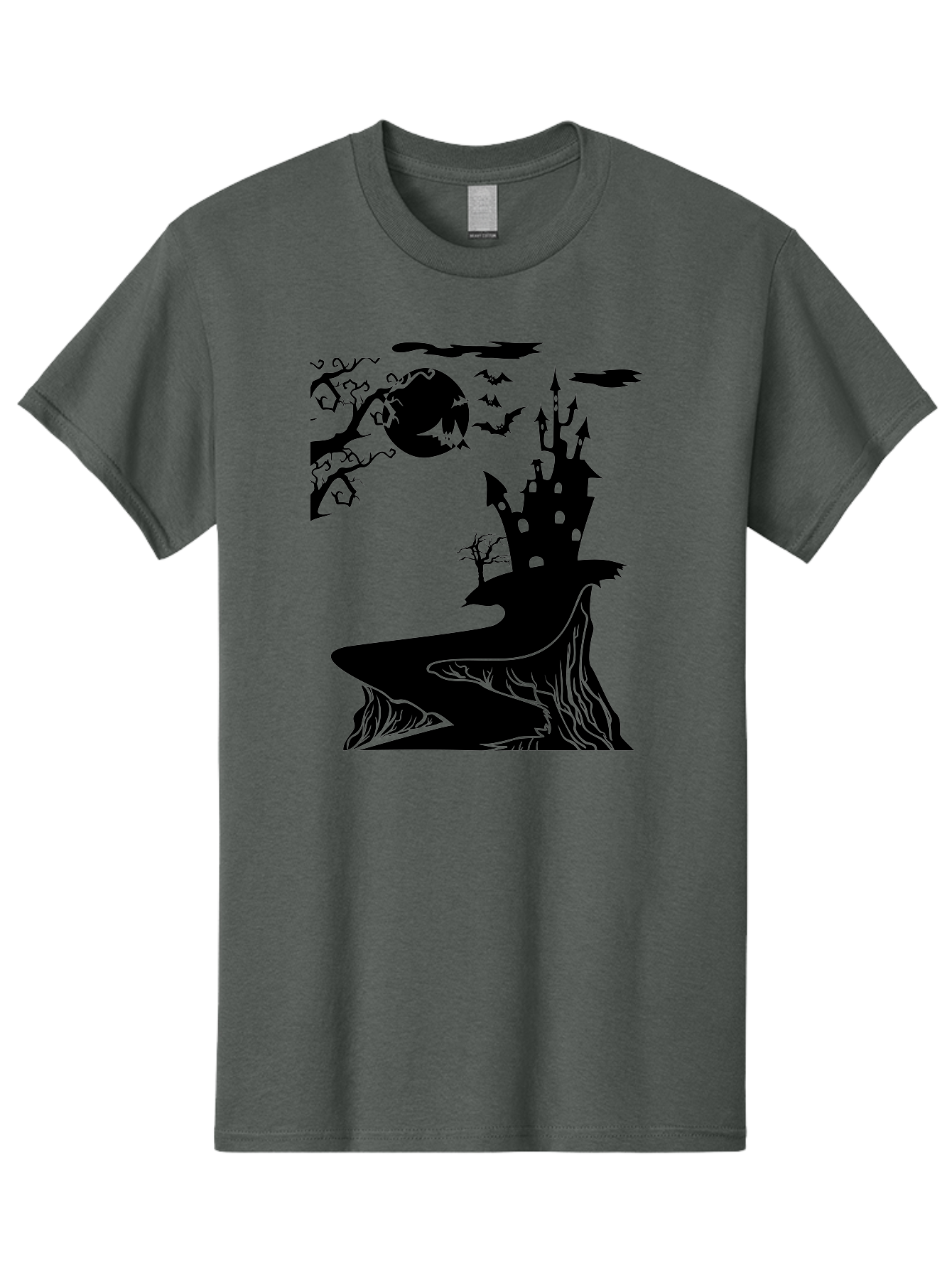 Haunted-Castle-1 Men'S Graphic Tee, 100% Cotton, Comfortable Casual Summer Wear, Machine Washable, Haunted House, Creepy Castle, Spooky Atmosphere, Halloween Theme, Dark Magic, Full Moon, Bats Flying Aab221