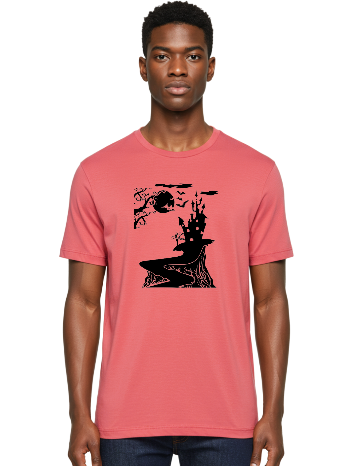 Haunted-Castle-1 Men'S Graphic Tee, 100% Cotton, Comfortable Casual Summer Wear, Machine Washable, Haunted House, Creepy Castle, Spooky Atmosphere, Halloween Theme, Dark Magic, Full Moon, Bats Flying Aab221