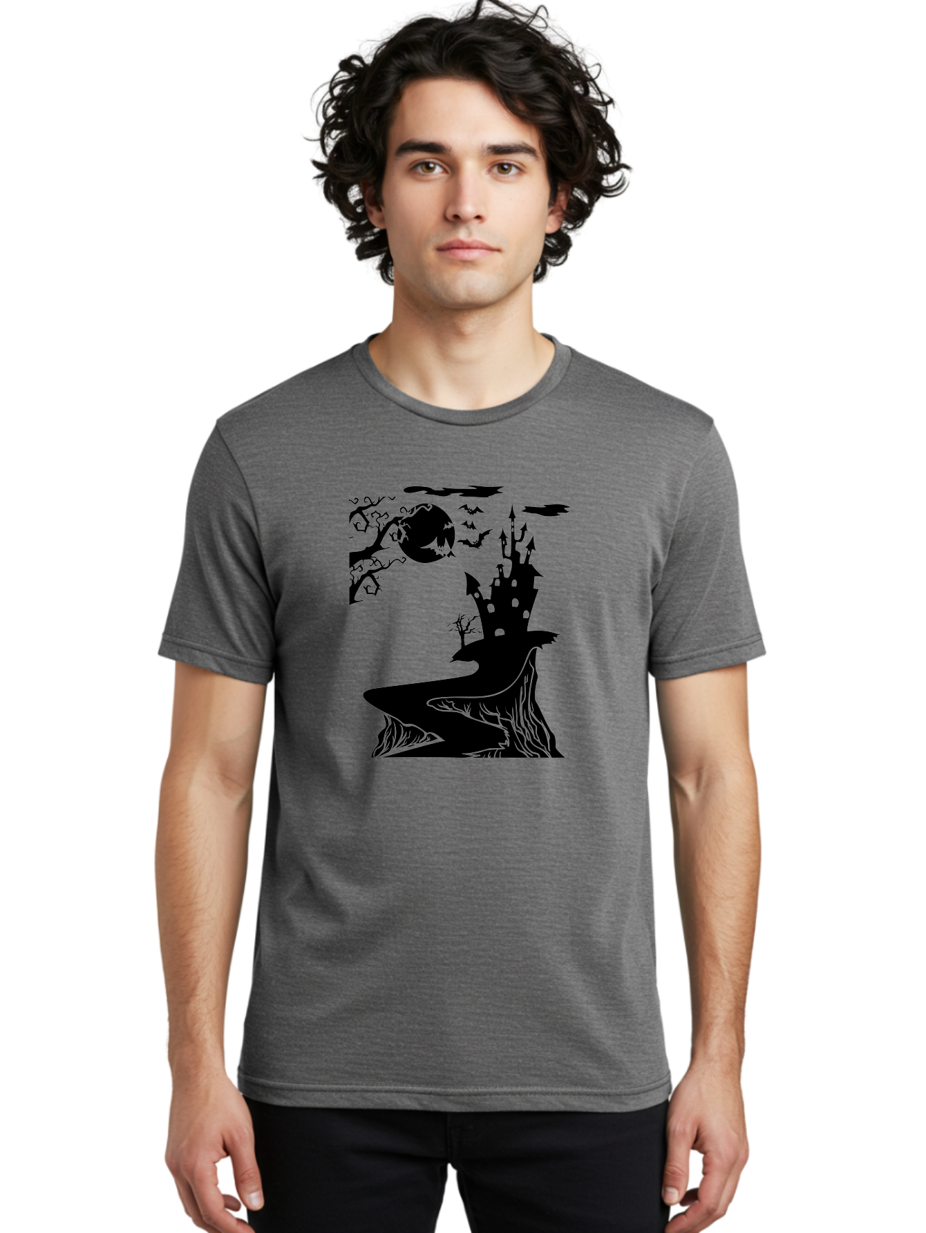 Haunted-Castle-1 Men'S Graphic Tee, 100% Cotton, Comfortable Casual Summer Wear, Machine Washable, Haunted House, Creepy Castle, Spooky Atmosphere, Halloween Theme, Dark Magic, Full Moon, Bats Flying Aab221