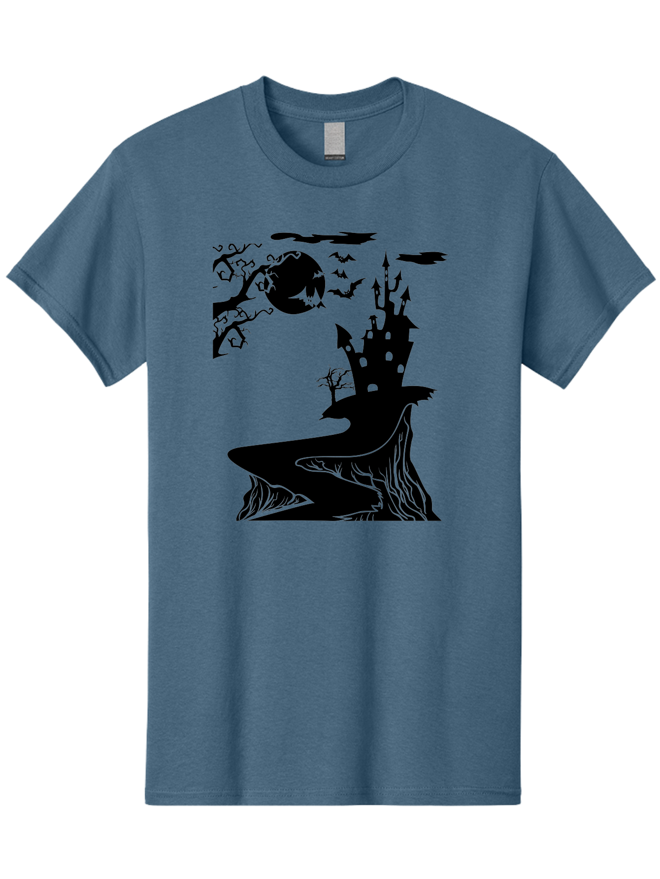 Haunted-Castle-1 Men'S Graphic Tee, 100% Cotton, Comfortable Casual Summer Wear, Machine Washable, Haunted House, Creepy Castle, Spooky Atmosphere, Halloween Theme, Dark Magic, Full Moon, Bats Flying Aab221