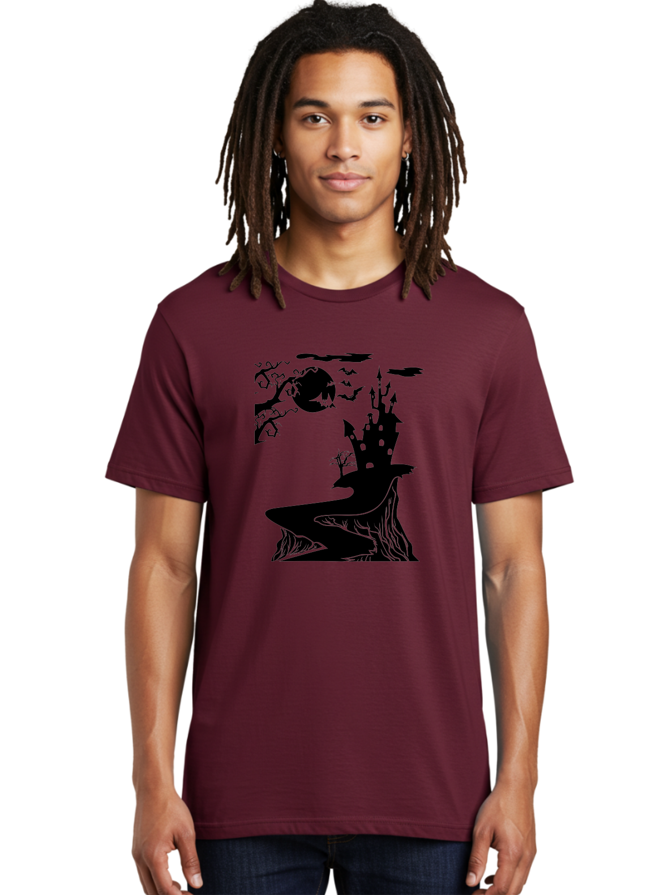 Haunted-Castle-1 Men'S Graphic Tee, 100% Cotton, Comfortable Casual Summer Wear, Machine Washable, Haunted House, Creepy Castle, Spooky Atmosphere, Halloween Theme, Dark Magic, Full Moon, Bats Flying Aab221