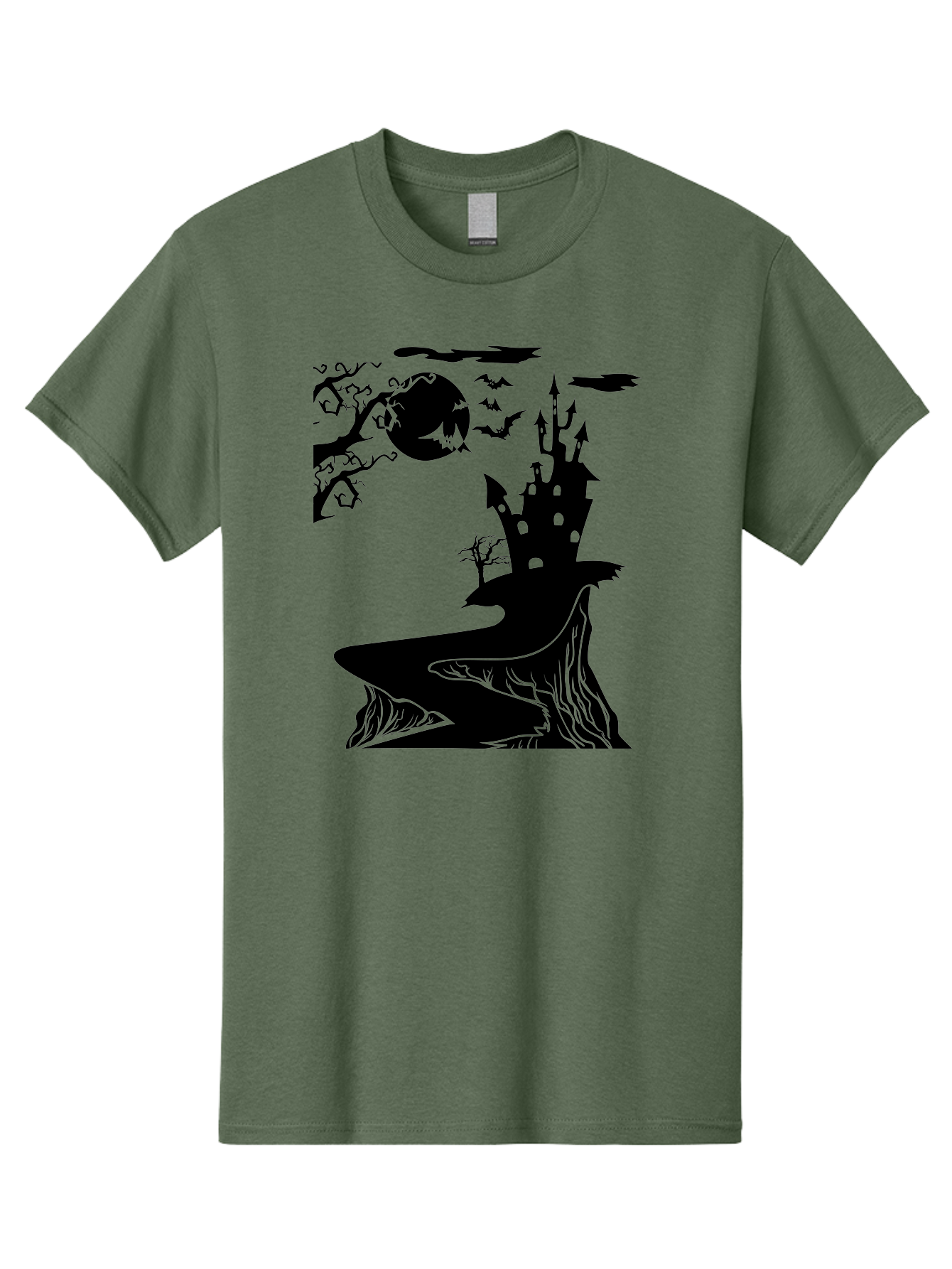 Haunted-Castle-1 Men'S Graphic Tee, 100% Cotton, Comfortable Casual Summer Wear, Machine Washable, Haunted House, Creepy Castle, Spooky Atmosphere, Halloween Theme, Dark Magic, Full Moon, Bats Flying Aab221