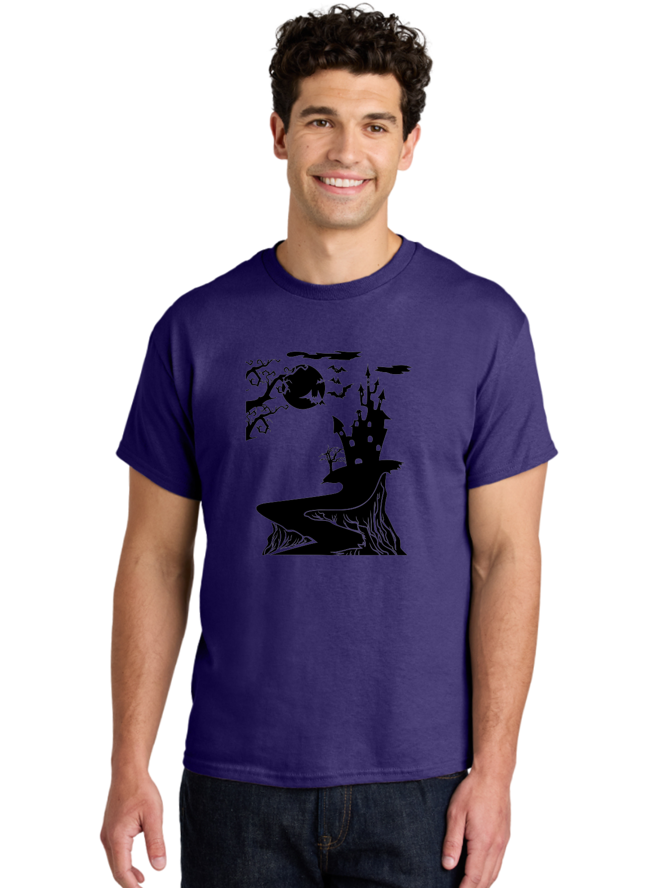 Haunted-Castle-1 Men'S Graphic Tee, 100% Cotton, Comfortable Casual Summer Wear, Machine Washable, Haunted House, Creepy Castle, Spooky Atmosphere, Halloween Theme, Dark Magic, Full Moon, Bats Flying Aab221