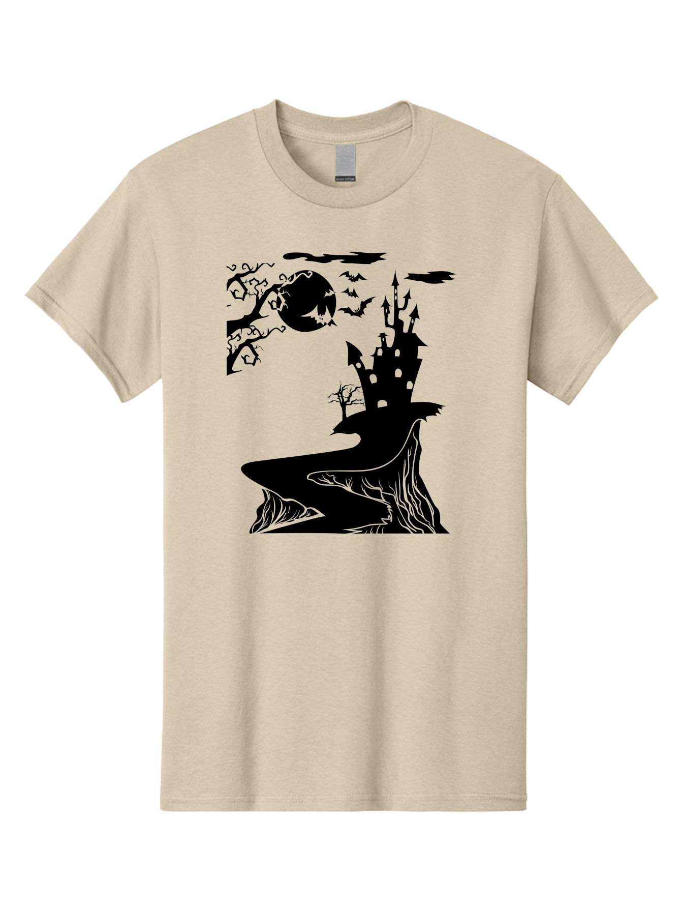 Haunted-Castle-1 Men'S Graphic Tee, 100% Cotton, Comfortable Casual Summer Wear, Machine Washable, Haunted House, Creepy Castle, Spooky Atmosphere, Halloween Theme, Dark Magic, Full Moon, Bats Flying Aab221