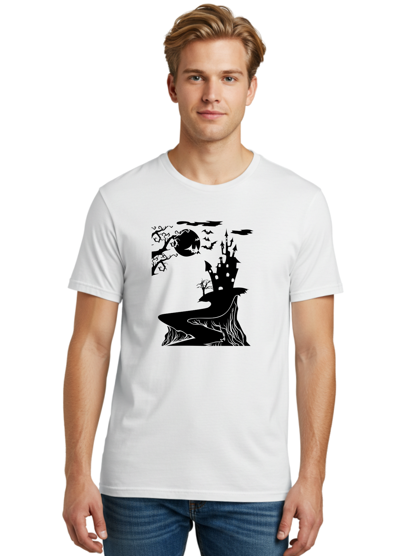 Haunted-Castle-1 Men'S Graphic Tee, 100% Cotton, Comfortable Casual Summer Wear, Machine Washable, Haunted House, Creepy Castle, Spooky Atmosphere, Halloween Theme, Dark Magic, Full Moon, Bats Flying Aab221